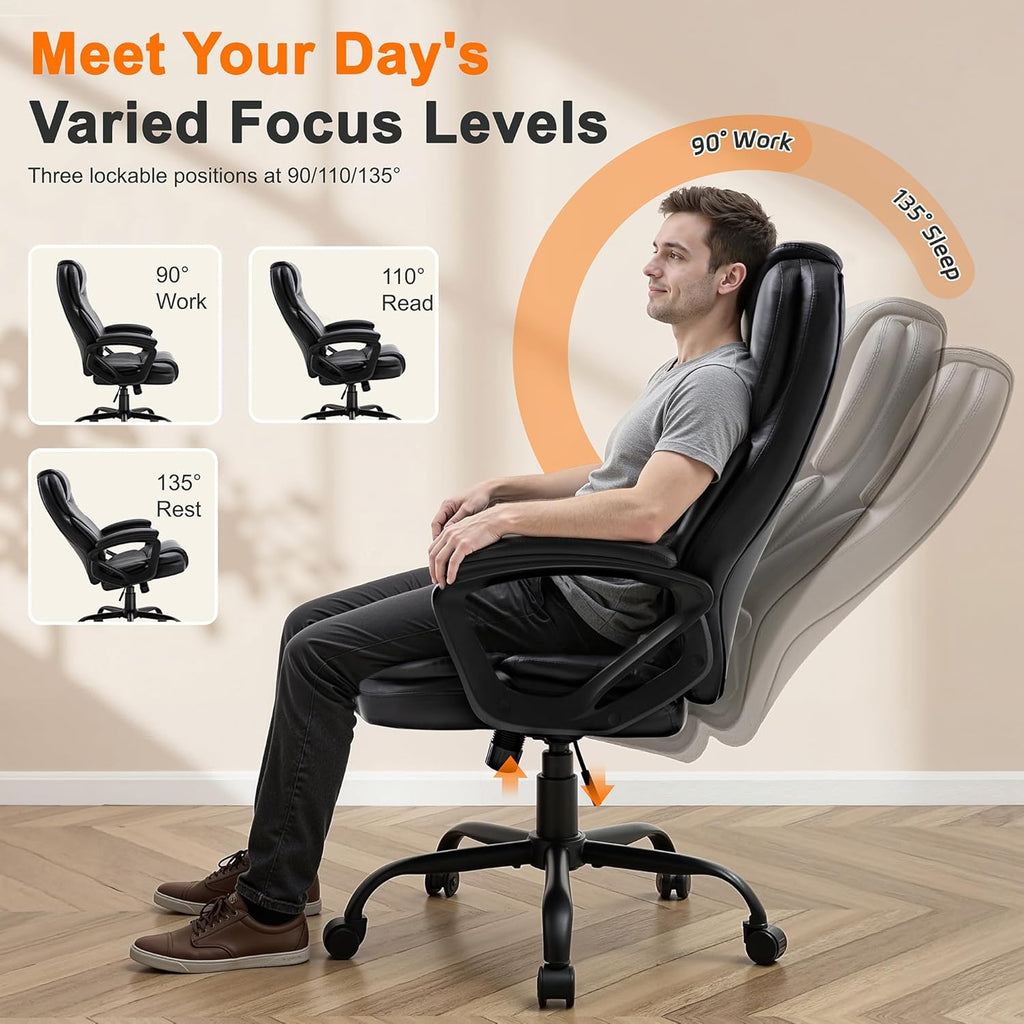Shintenchi High Back Executive Office Chair, Ergonomic PU Computer Desk Chair with 3-Level Tilt, Padded Armrests 360° Swivel Free Task Chairs for Home Office, 330 Pound Capacity, Black