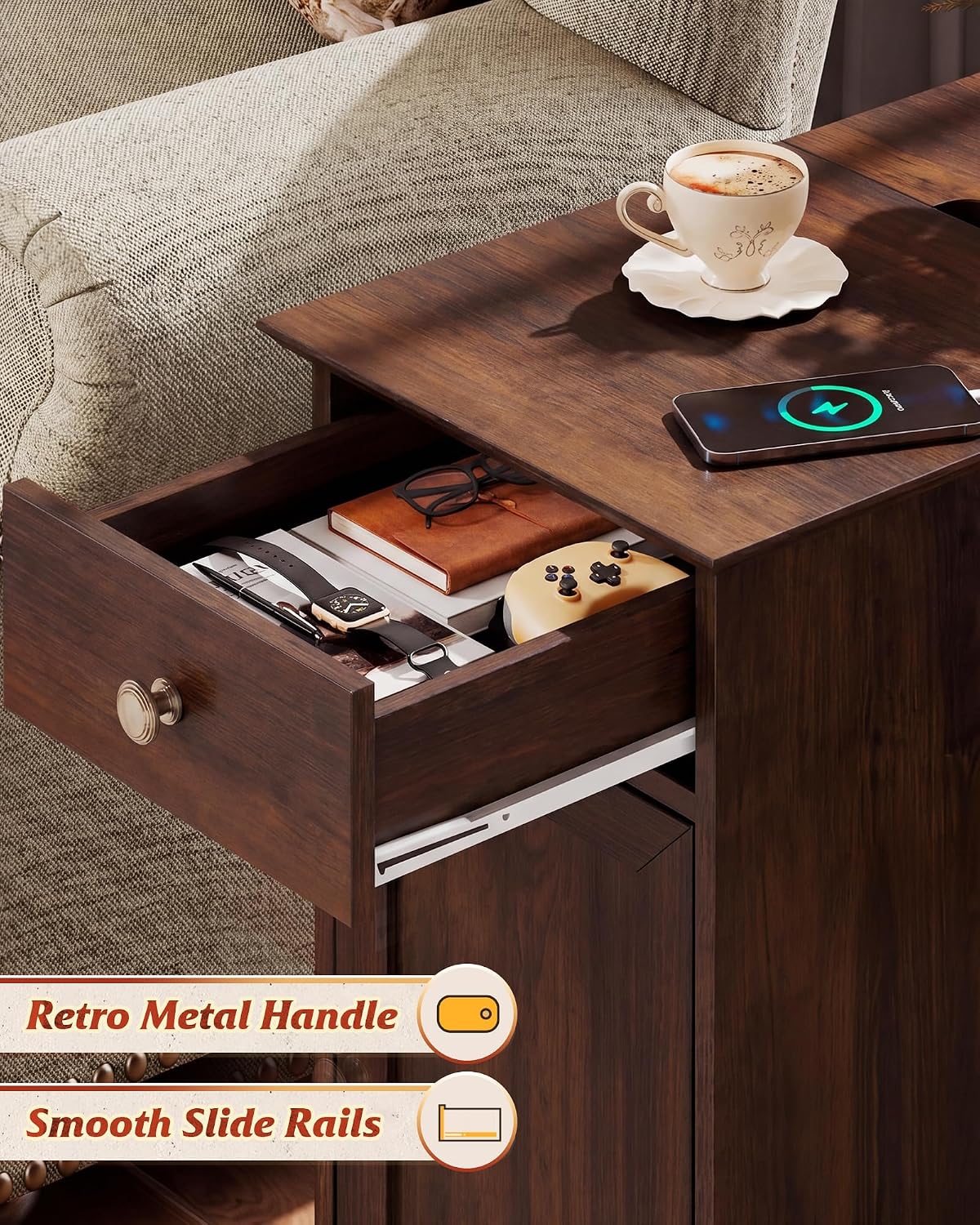 WLIVE End Table with Charging Station, Narrow Sied Table with Drawer & Cabinet, Side Table with Adjustable Shelf for Living Room/Bedroom, Wooden Nightstand with Hidden USB Ports and Outlets, Espresso