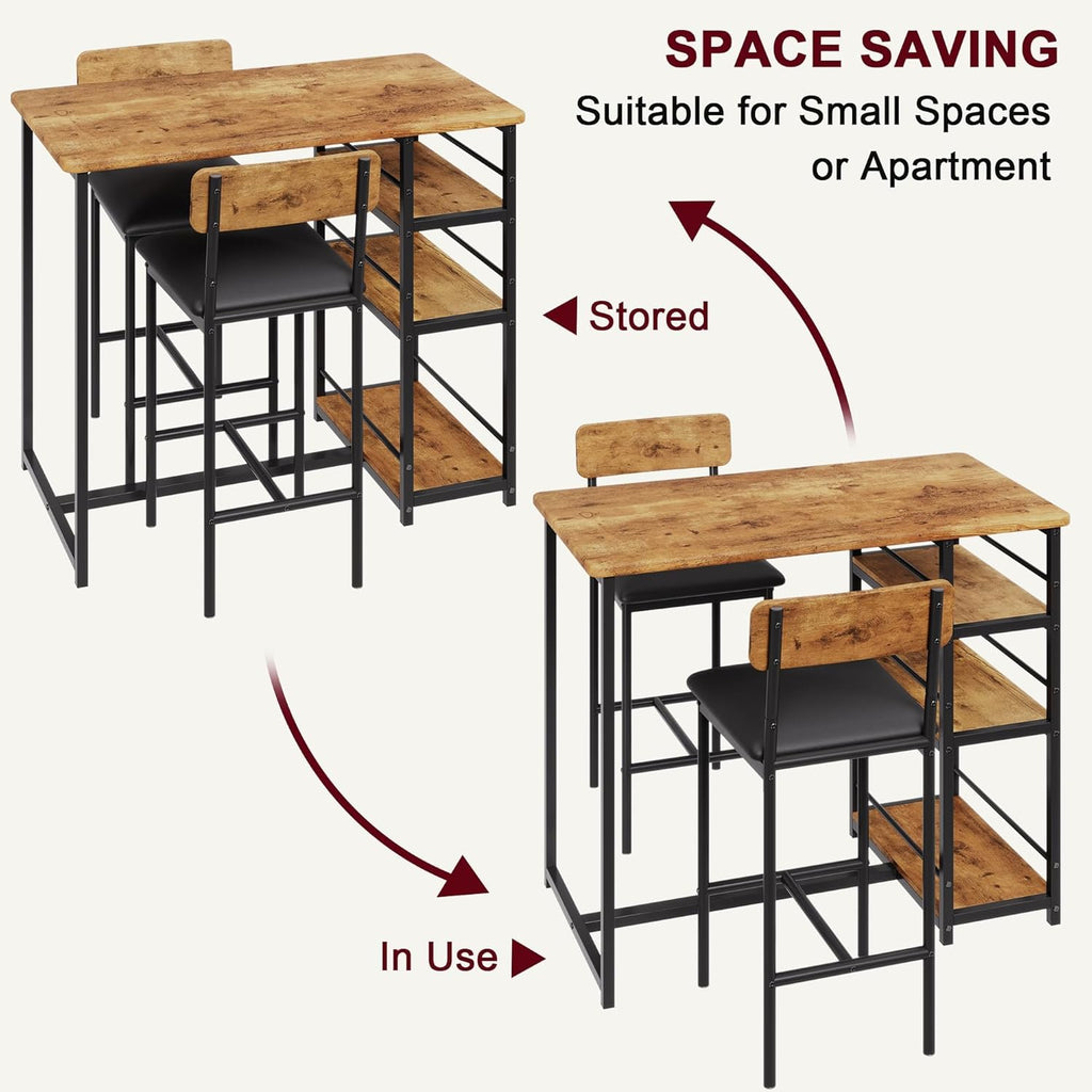 Bar Table and Chair Set with Three Shelves Small 2-Person Dining Table with 2 Upholstered Stools with Backrests Suitable for Restaurants and Bistros -Vintage Color