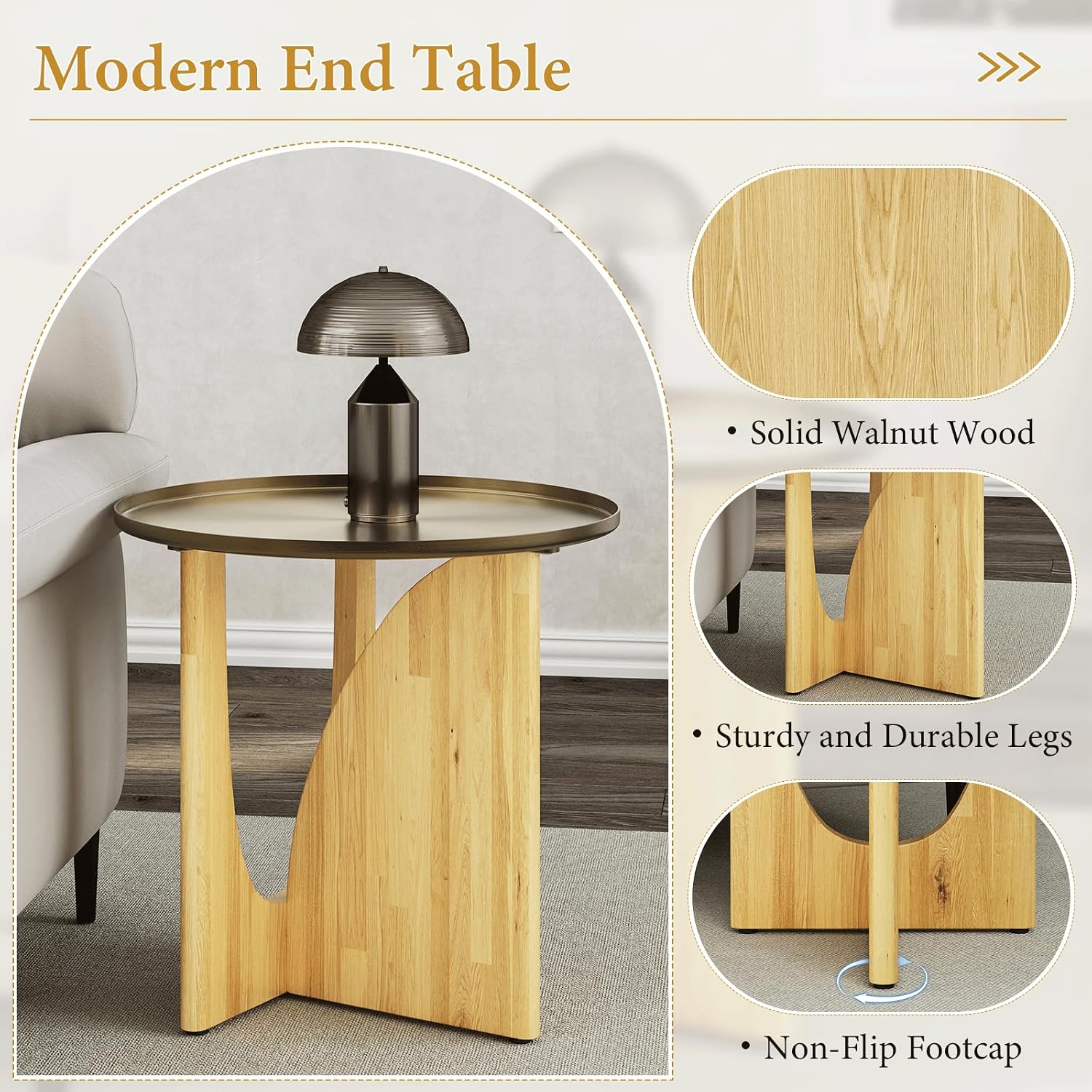 Asday Farmhouse End Table, Wood Side Table with Metal Tray Top, Geometric Base, Small End Table, Bedside Table for Living Room or Bedroom, 1 Piece