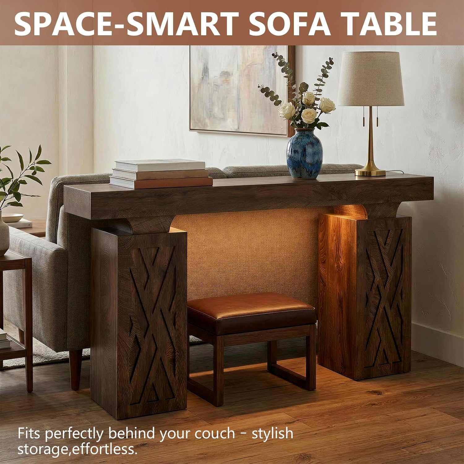 63-Inch Modern Console Table with LED & Outlet, Farmhouse Entryway Table with Geometric Base, Solid Wood-Grain Sofa Table Behind Couch, Narrow Accent Table for Hallway, Cracked Oak