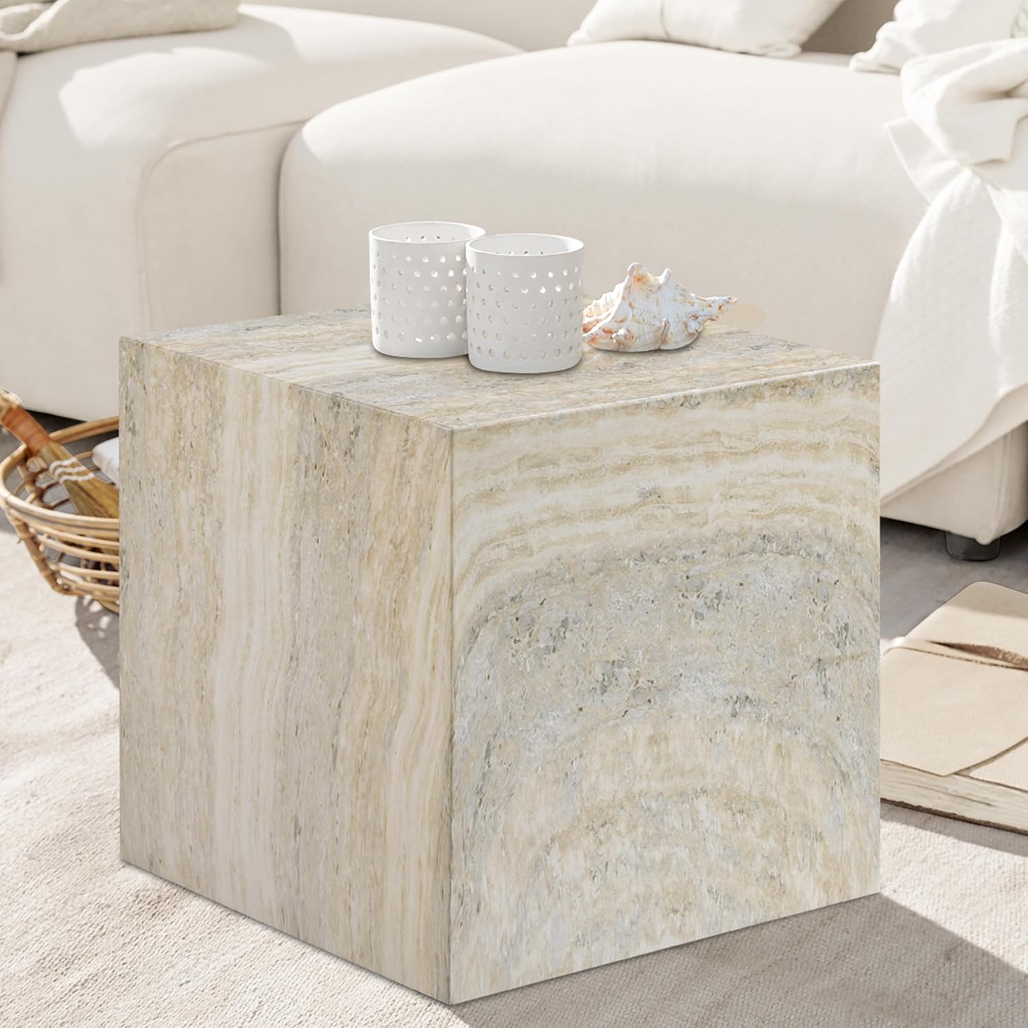 Meridian Furniture 99029Travertine-ET Piazza Collection Art Deco Indoor/Outdoor Concrete End Table with Travertine Finish, 16" W x 16" D x 16" H, Travertine