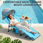Tanning Chair with Sun Canopy,27 Inch Oversized Folding Tanning Chair with Face Hole and Pillow,Heavy Duty Folding Lounge Chair,Adjustable 3-Position Patio Chaise Lounge,220 LBS Blue