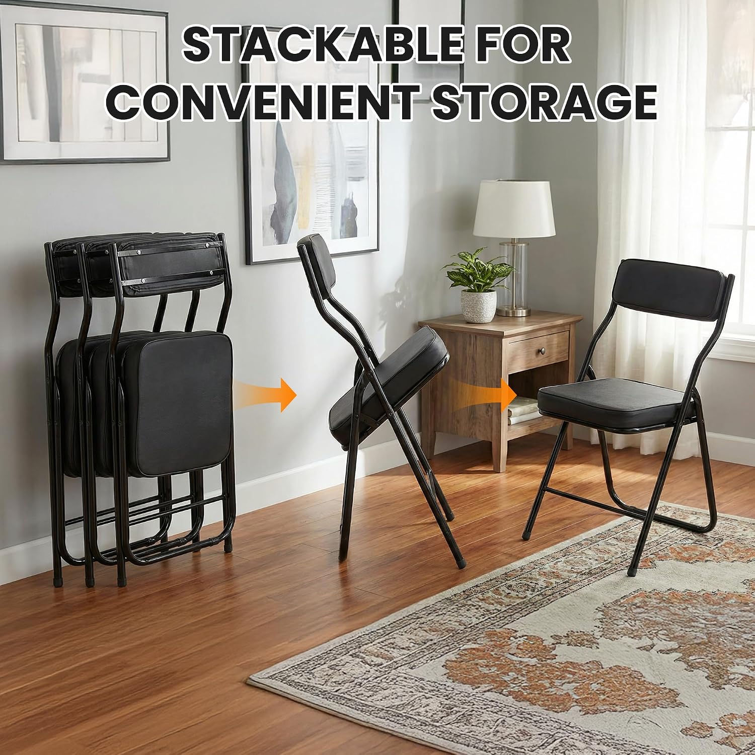 2 Pack Black Padded Folding Chairs, PU Leather Foldable Chairs with Thickened Cushion Seat & Back, Steel Frame Portable Reception Chair for Home Office Indoor Outdoor Commercial Events