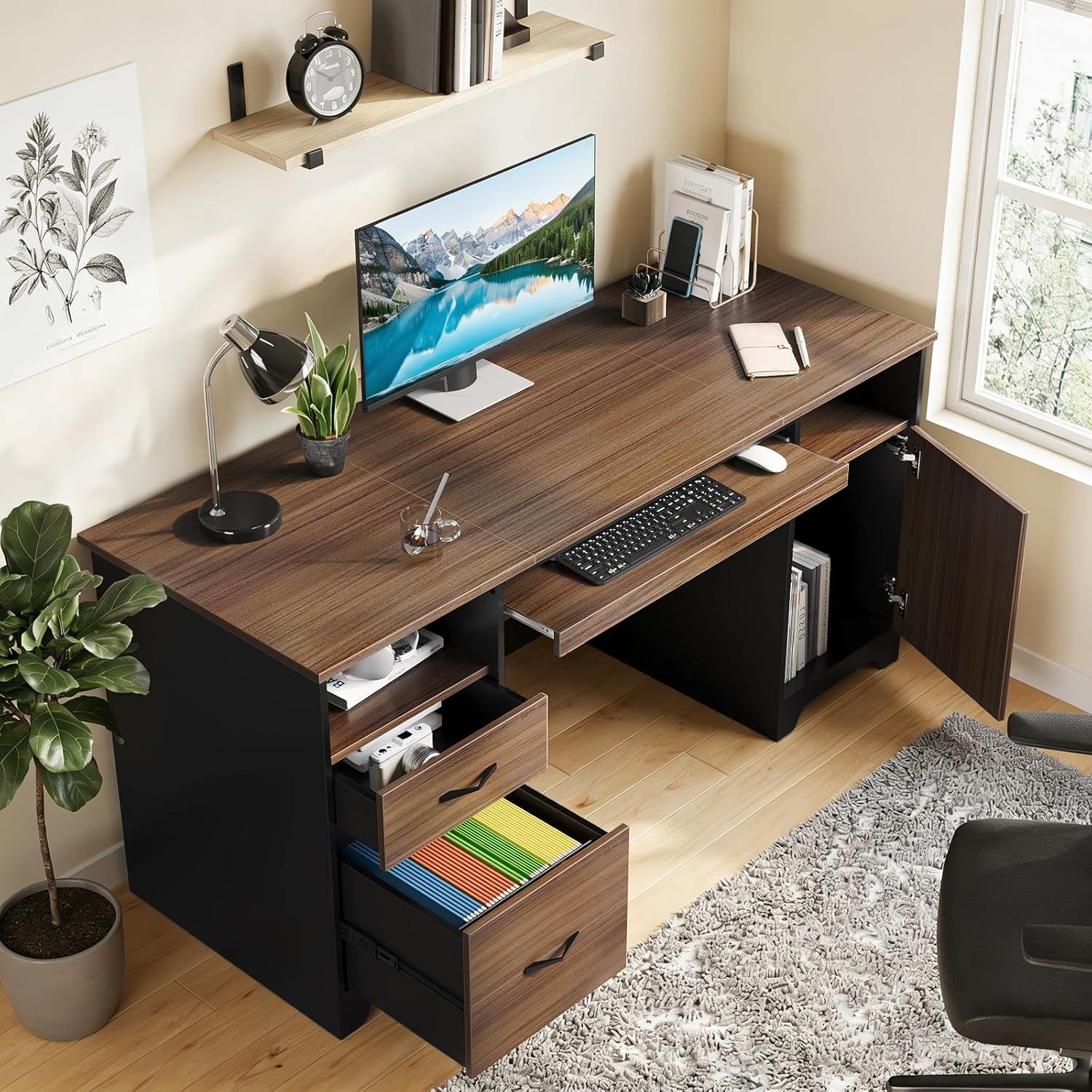 Bestier 59”Executive Desk with 2 Drawers,Computer Desk with Storage Cabinet,Industrial Wood Desk with File Drawer,Keyboard Tray & 2 Pedestals for Home Office & Studio,Cherry