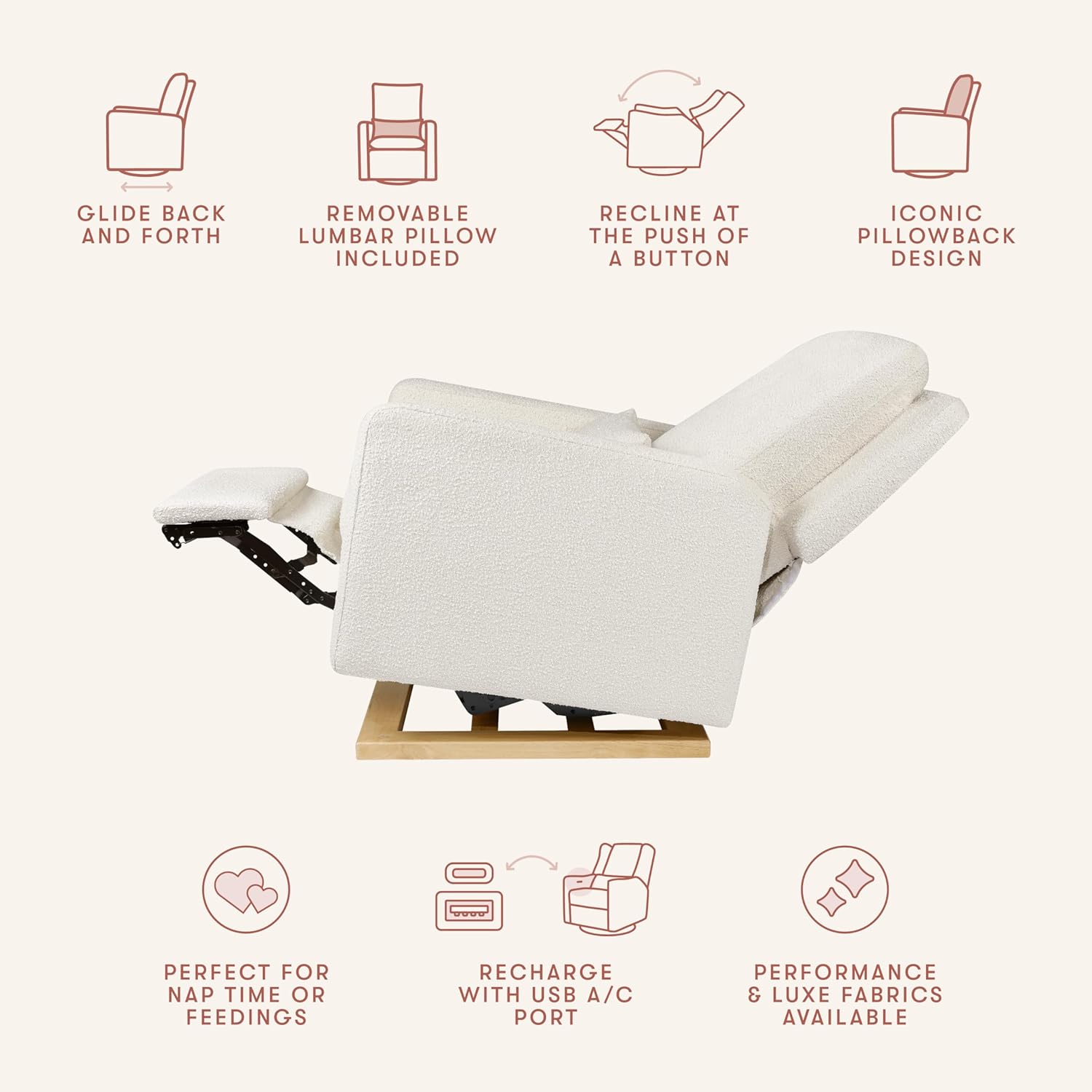 Babyletto Sigi Electronic Power Recliner and Glider with USB Port in Ivory Boucle with Light Wood Base, Greenguard Gold and CertiPUR-US Certified