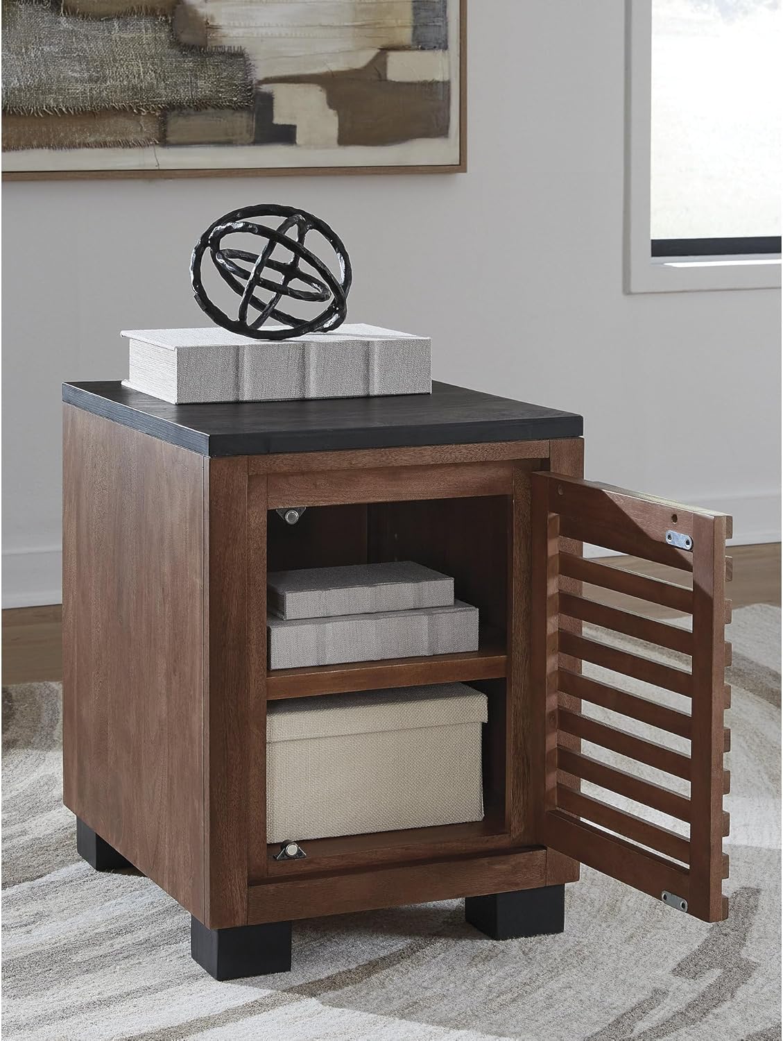 Signature Design by Ashley Kallari Industrial Chairside End Table with Cabinet and Shelf, Dark Brown & Black