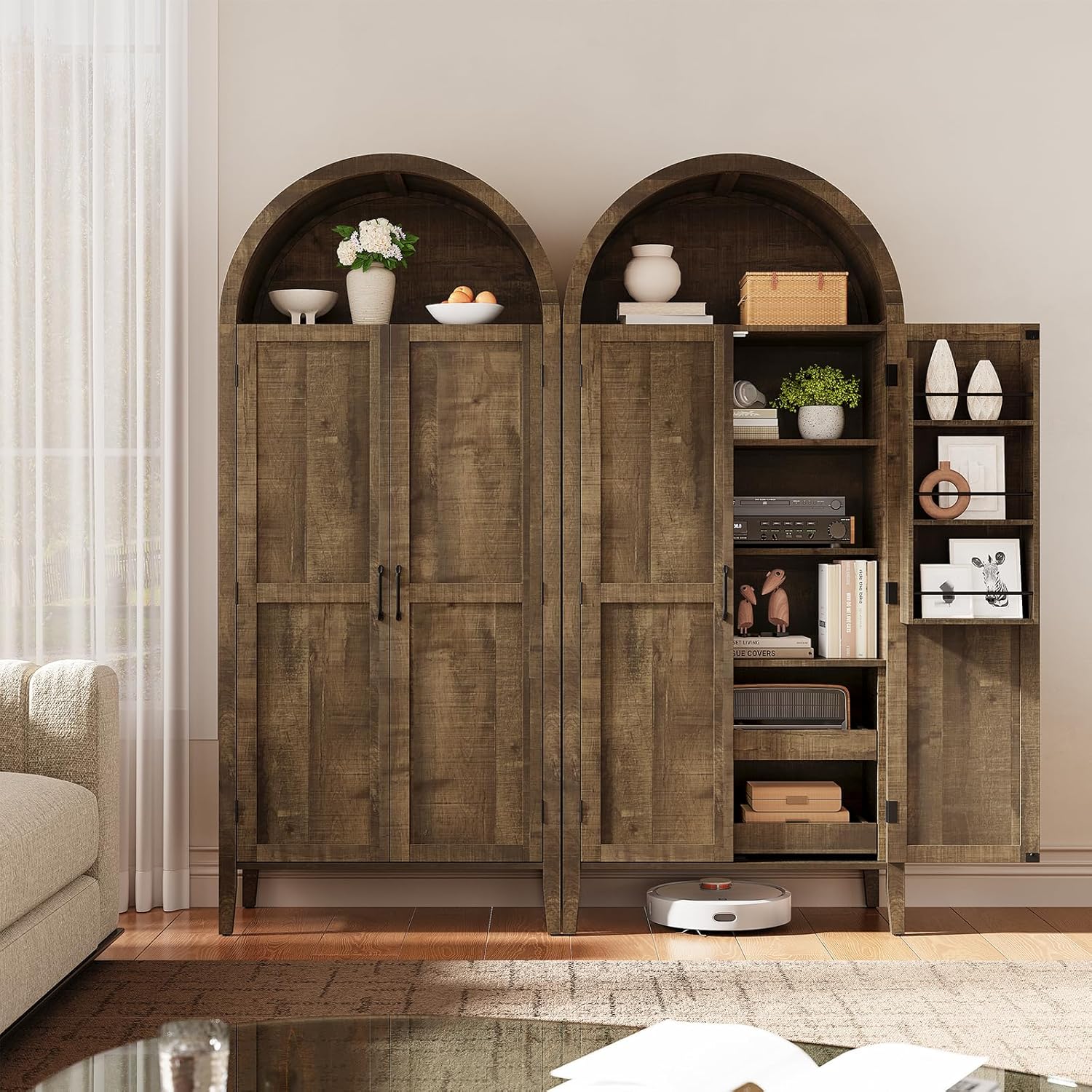 ONBRILL 71" Tall Arched Kitchen Pantry, Storage Cabinet Pantry with 2 Pull-Out Shelves, 6 Door Shelves, Organizer, Freestanding Morden Versatile Cupboard for Kitchen, Dining Room (Rustic Brown)