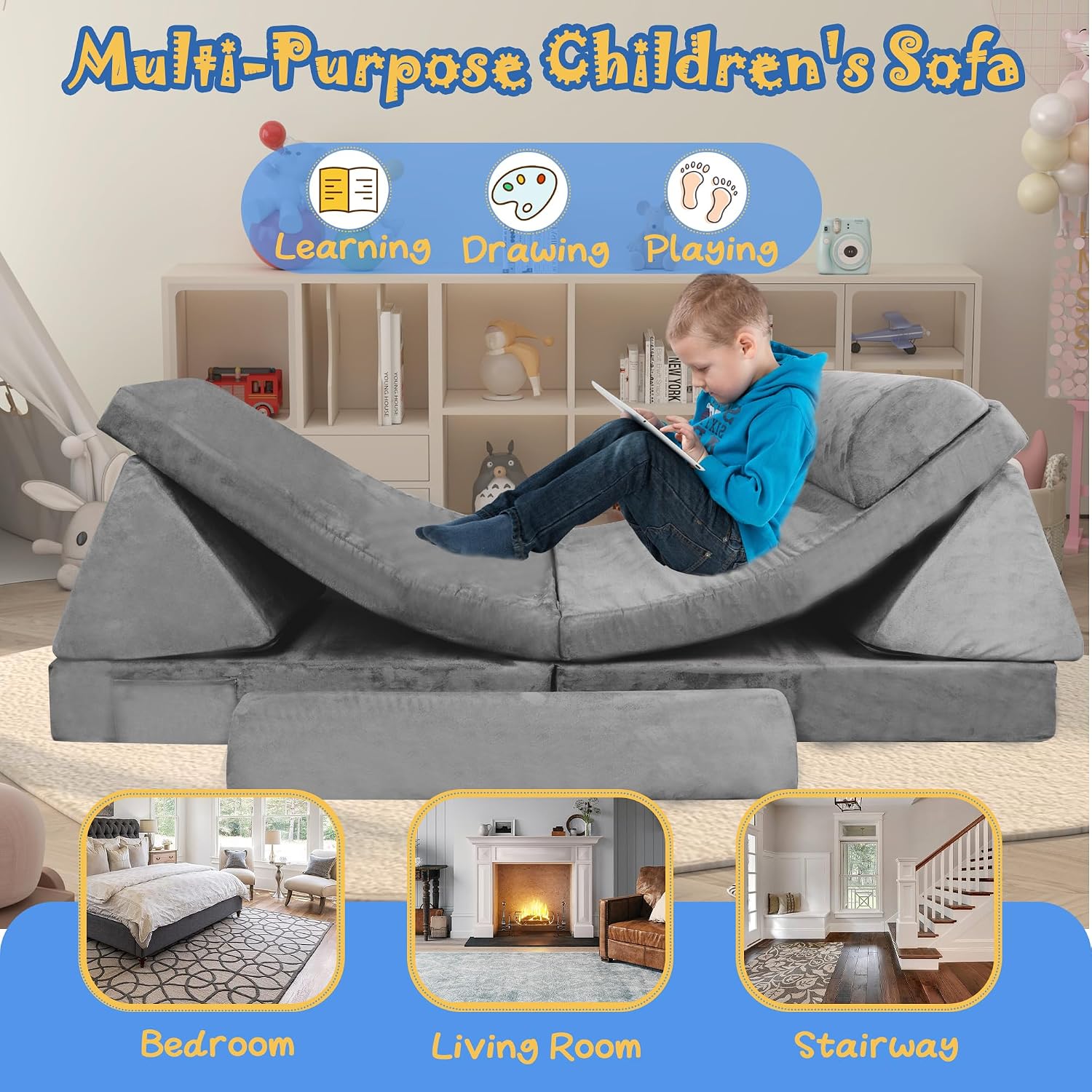 Modular Kids Sofa,Couch for Toddler and Baby Playroom/Bedroom,Perfect Toddler & Baby Couch for Play & Lounging,Ideal for Boys & Girls.Large