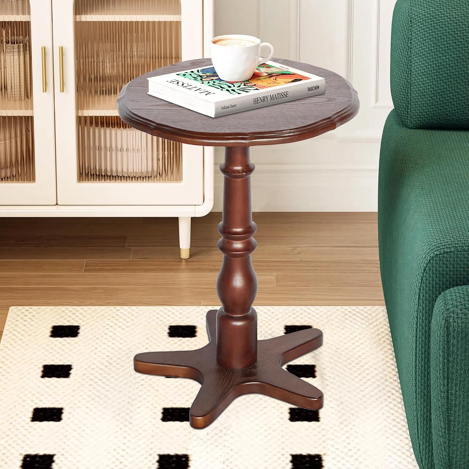 Vintage Accent Side Table, 15.75 Inch Round Wooden Pedestal Design for Living Room, Bedroom, and Entryway Use