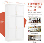 70.9" Tall Freestanding Kitchen Pantry Cabinet with 4 Doors, Large Wooden Kitchen Organizers Storage Cabinet with 8 Pull-Out Trays and 2 Door Shelves for Dining Room, White