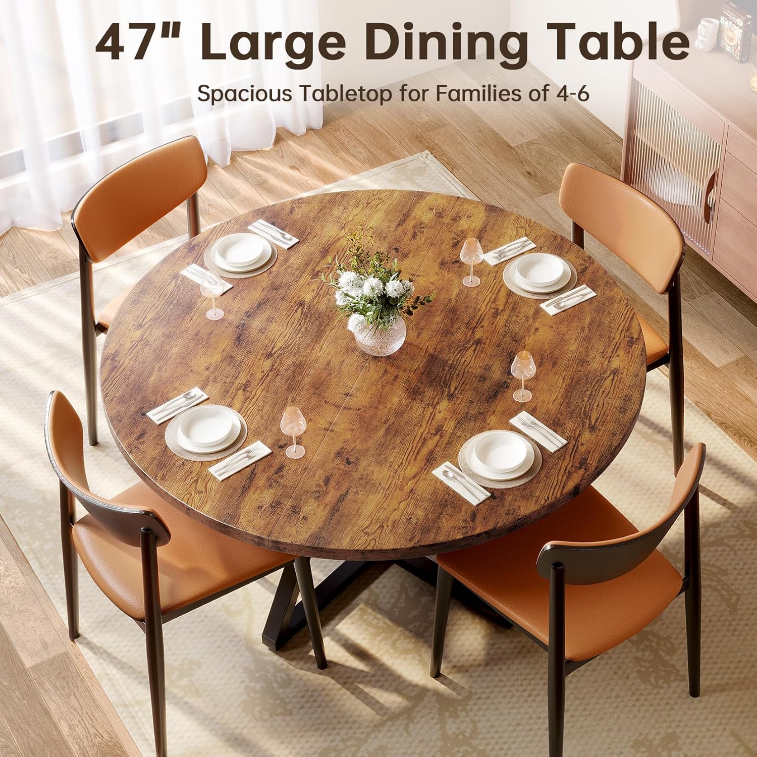 Concho 47" Round Dining Room Table for 4-6,Circle Kitchen Dining Dinner Table with Pedestal Metal Frame,Space Saving Wood Kitchen & Dining Room Furniture, Vintage Brown