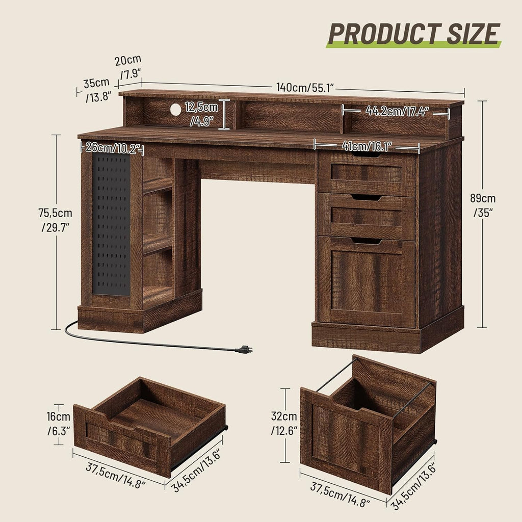 55inch Farmhouse Executive Desk with 2 Drawers and File Cabinet, Computer Desk with 3-Tier Storage Shelves, Home Office Desk with Charging Station, Pegboard and Monitor Shelf, Brown