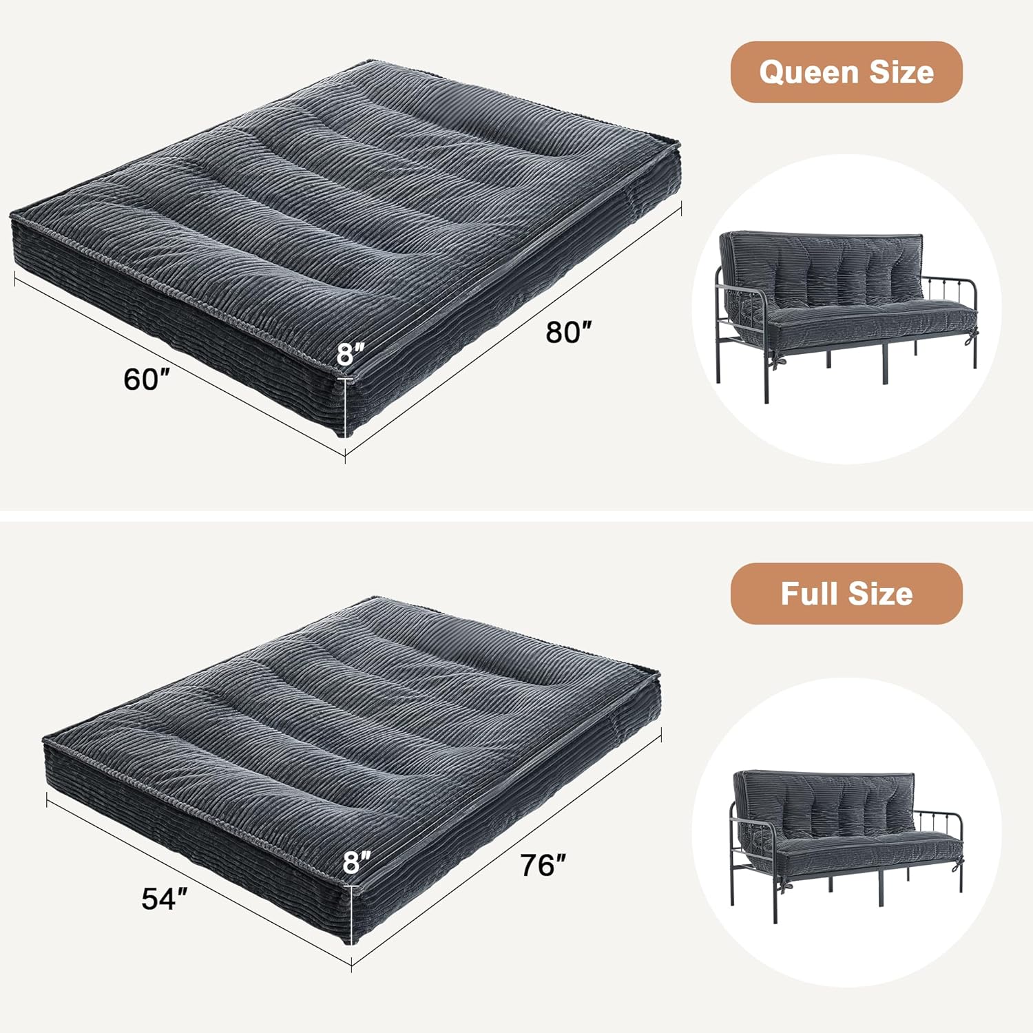 Futon Mattress Full Size 8",Foldable Futon Sofa Couch Bed,Floor Mattress Thick High Density Shredded Foam(Frame Not Included),Medium Firm Japanese Style Sleeping Pad for Guest Bedroom Living,DarkGrey