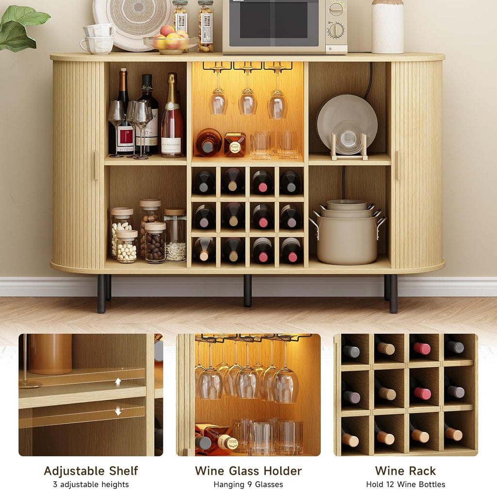 ONBRILL 55" Wine Bar Cabinet with LED Light,Modern Liquor Whiskey Coffee Station with Wine Rack and Glass Holder, Farmhouse Buffet Sideboard with Storage for Living Room, Kitchen, Entryway (Oak)