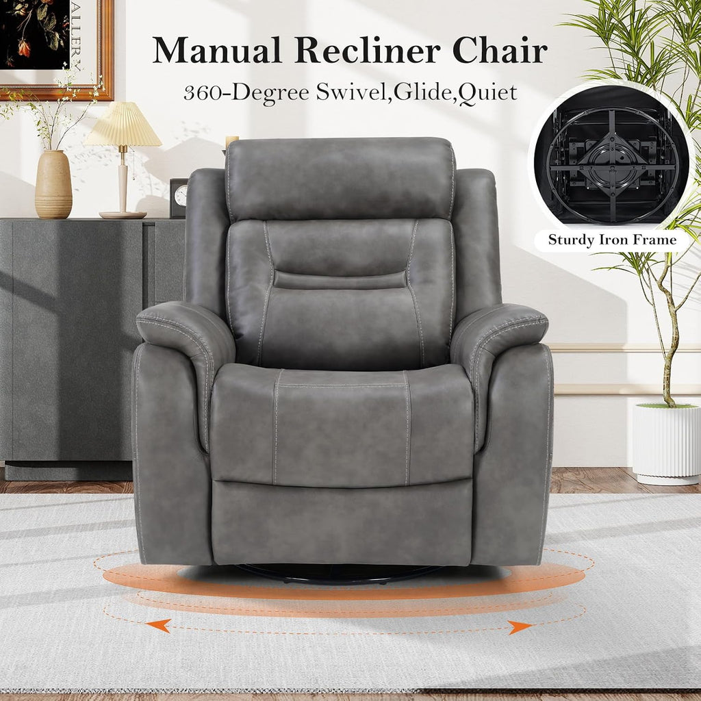 Bonzy Home 360° Swivel Rocker Recliner Chair for Adults, Manual Faux Leather Reclining Chair with Ergonomic Backrest, Glider Rocking Nursery Single Sofa for Living Room, Bedroom, Grey