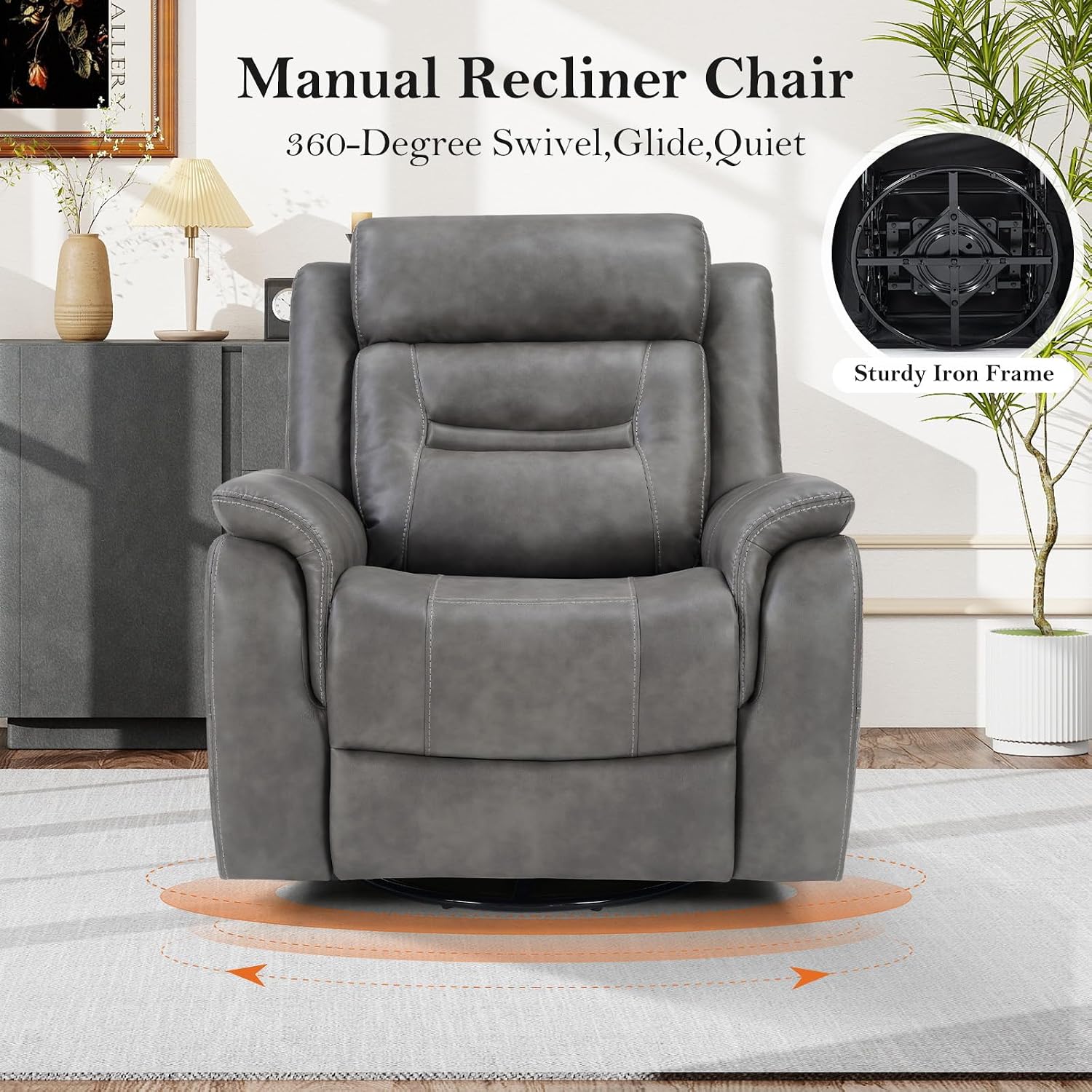 Bonzy Home 360° Swivel Rocker Recliner Chair for Adults, Manual Faux Leather Reclining Chair with Ergonomic Backrest, Glider Rocking Nursery Single Sofa for Living Room, Bedroom, Grey