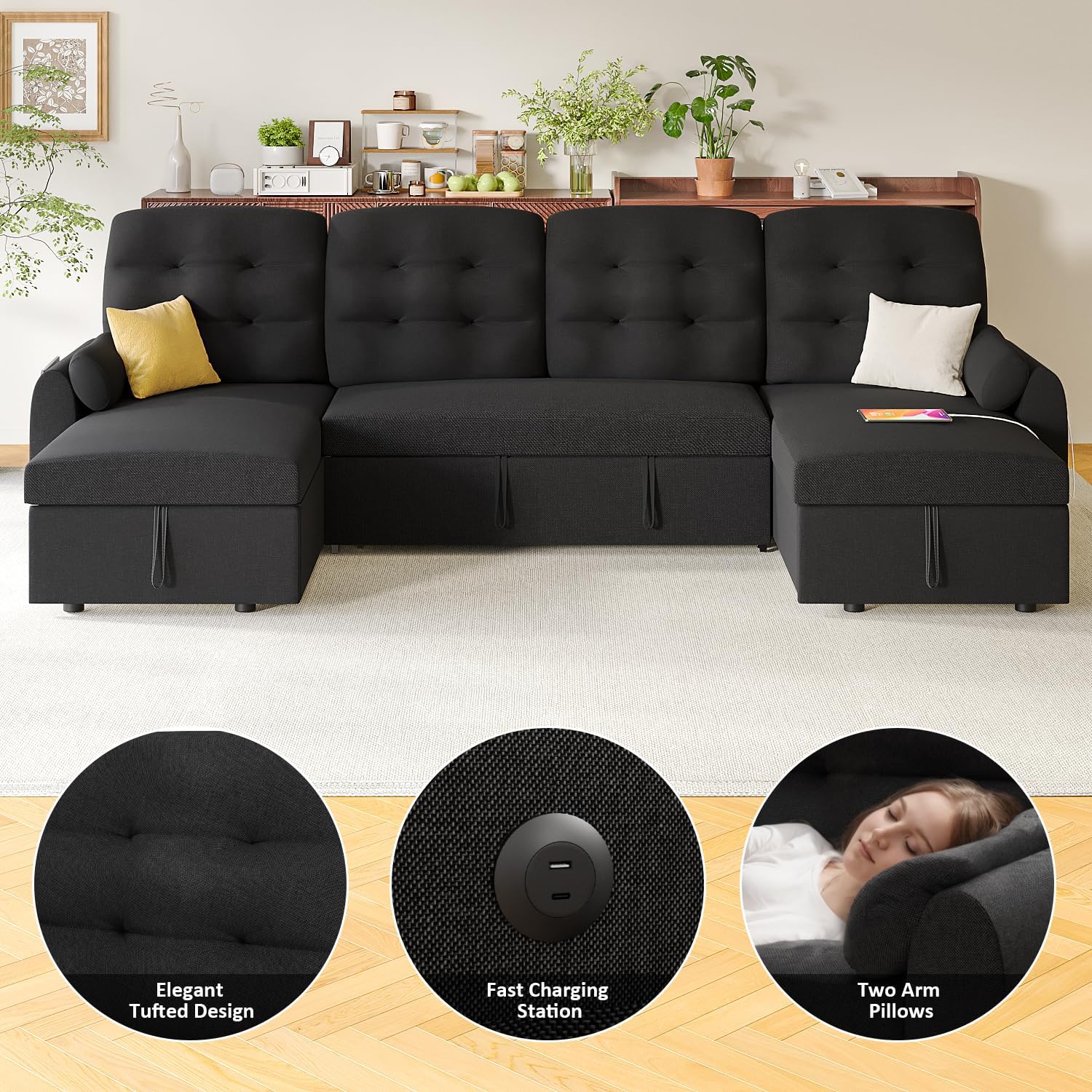 Ucloveria Sectional Sleeper Sofa Bed, 112" U-Shaped Sectional Couches for Living Room with Pull Out Bed, Oversize Couch Bed with Dual Reversible Storage Chaise | USB Charging | Side Pockets, Black