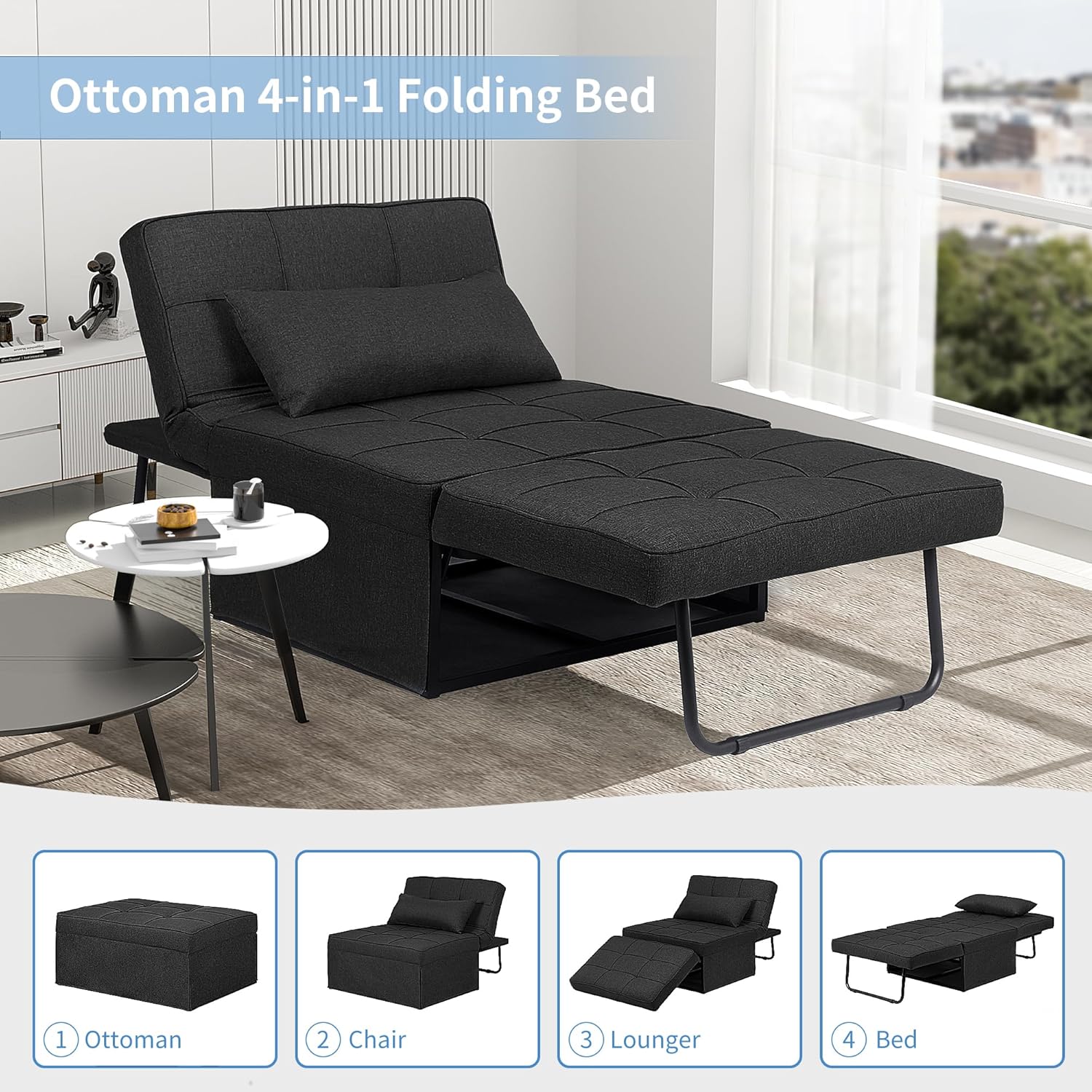 Ainfox Convertible Sofa Bed, 4 in 1 Multi-Function Folding Ottoman Bed with Adjustable Backrest, Modern Futon Couch No Assembly for Living Room Apartment Office Small Space (Black)