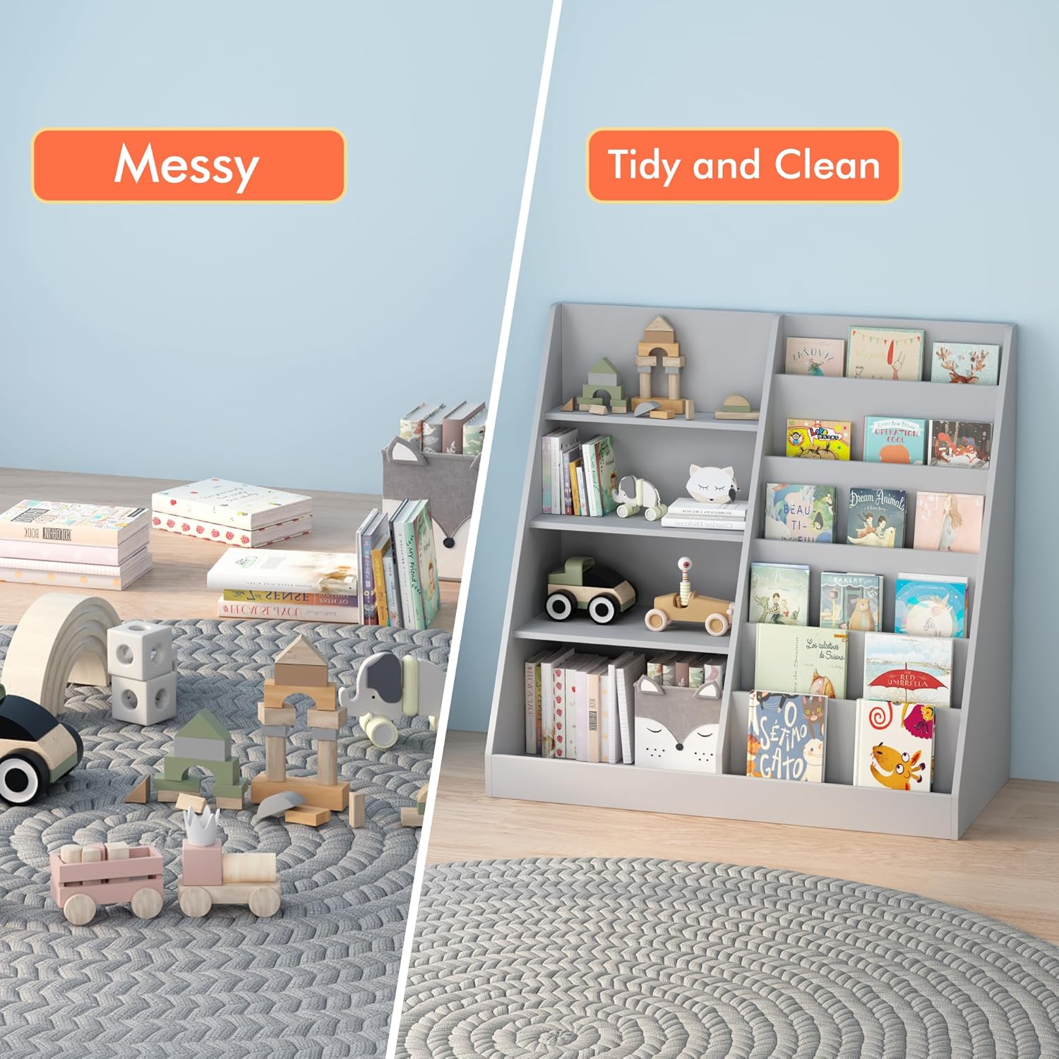 4 Tier Kids Bookshelf for Nursery, Baby Toddler Bookshelves Toy Organizers and Storage Bookcase, Wooden Children Book Shelf for Kids Rooms Classroom (Grey)