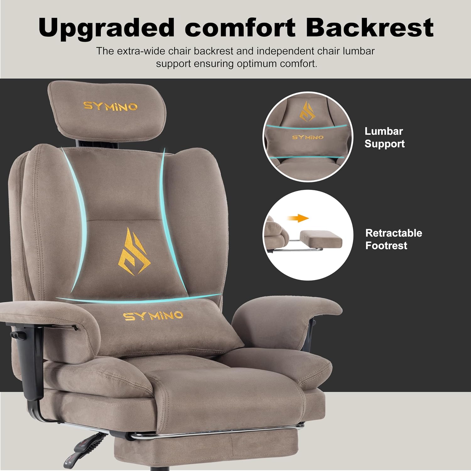 Symino Gaming Chair with Foot Rest, Unique Up/Down Armrests, Twill Fabric Ergonomic High Back Chair, 150° Recline Solid Color Computer Desk Chair, Light Coffee