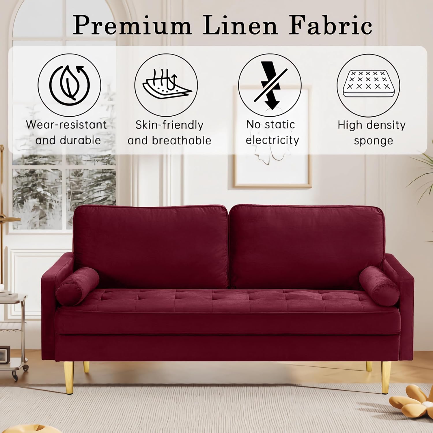 Velvet Loveseat Sofa,Mid Century Modern Small Love Seats Furniture Comfy Couch for Living Room, Upholstered 2 Seater Sofa for Small Apartment (Burgudy, 66.9 Inch)