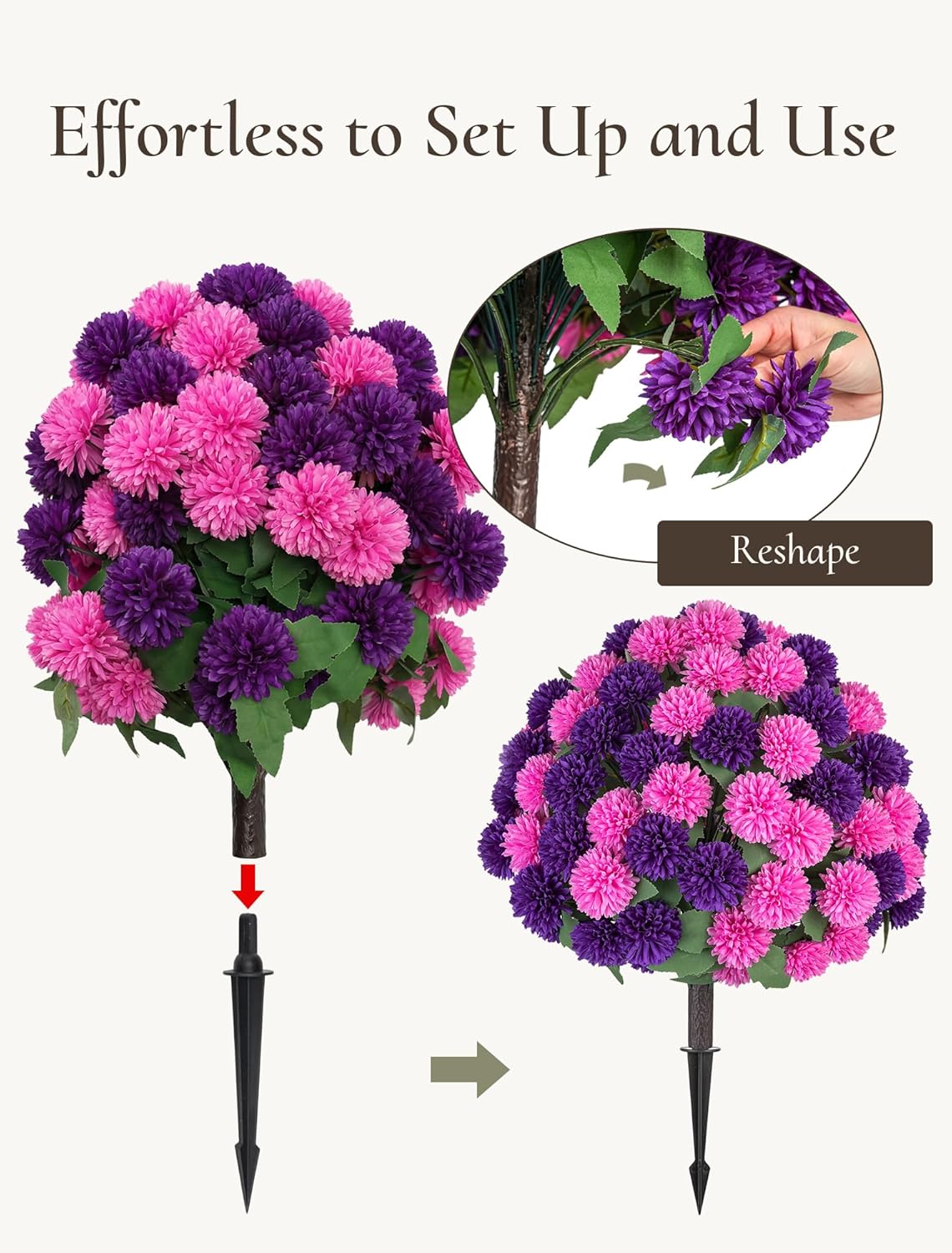Artificial Mum Topiary Ball: 33" Fake Chrysanthemum Flower with Spike Set of 2 for Front Porch Decor - Purple Pink Faux Bushes Plants with Spike for Outdoor Indoor Garden Patio Entryway