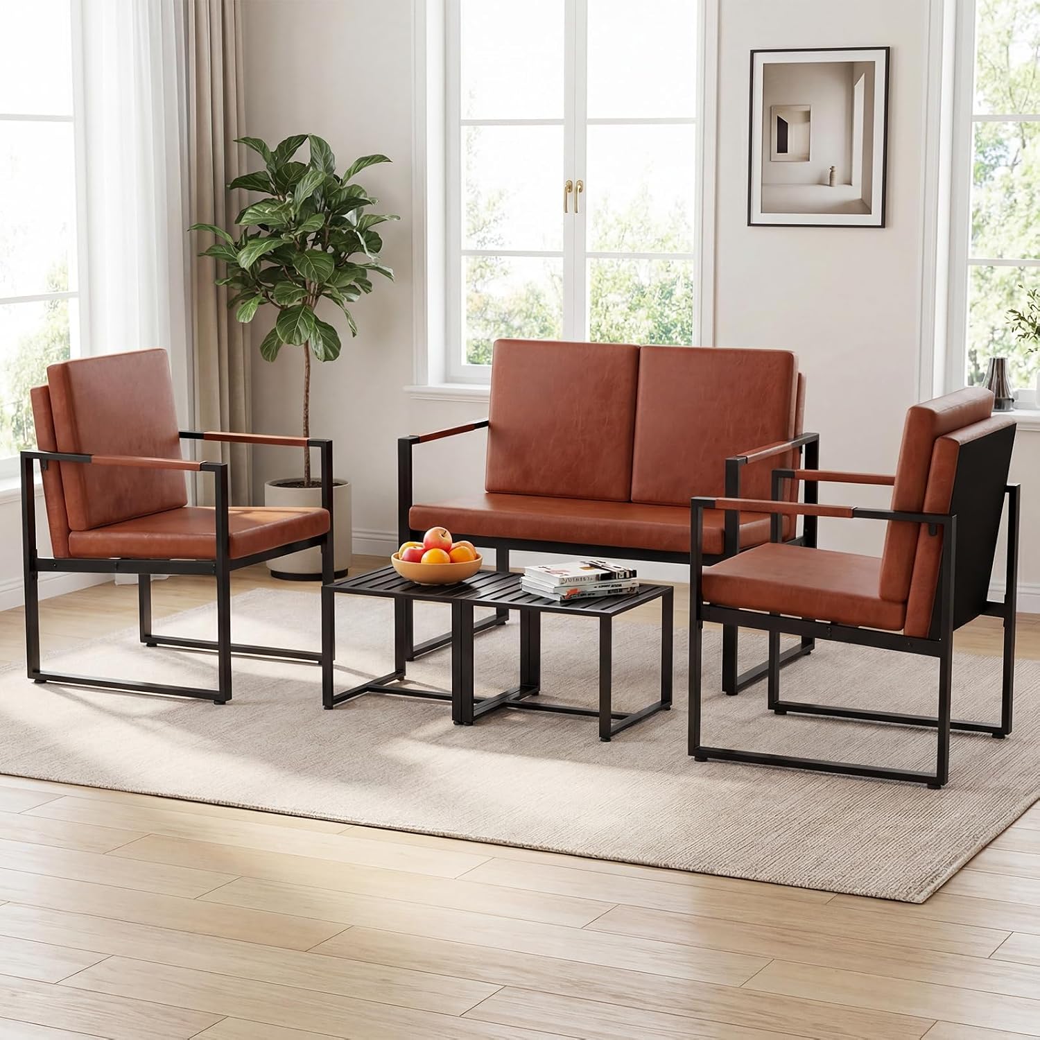 Giantex Indoor Square Side Tables, Set of 2 Metal End Tables with Slatted Tabletop, Heavy Duty Metal Frame & Adjustable Foot Pads, 2 Small Plant Stands for Living Room, Guest Room, Office, Black