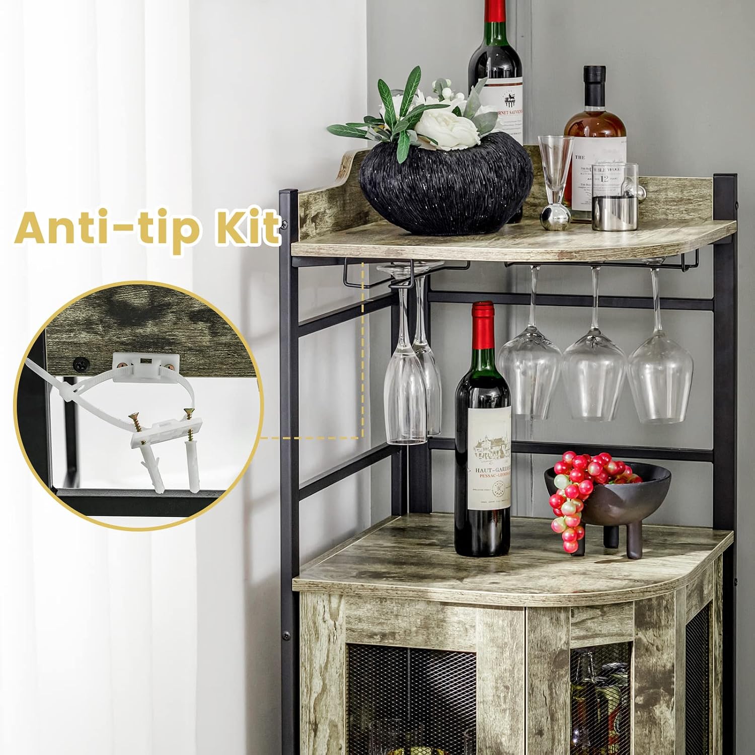 Giantex Corner Bar Cabinet with Glass Holder, Industrial Wine Cabinet with Metal Mesh Doors & Adjustable Shelf, Buffet Cabinet with Anti-tip Kit for Home Kitchen Dining Room Bistro