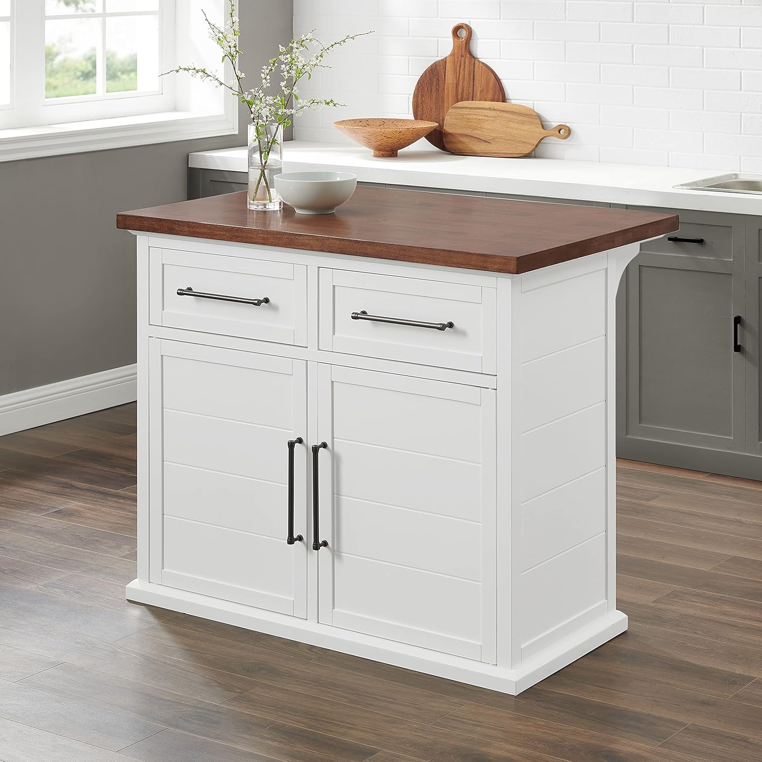 Crosley Furniture Bartlett Kitchen Island with Wood Top, White/Walnut