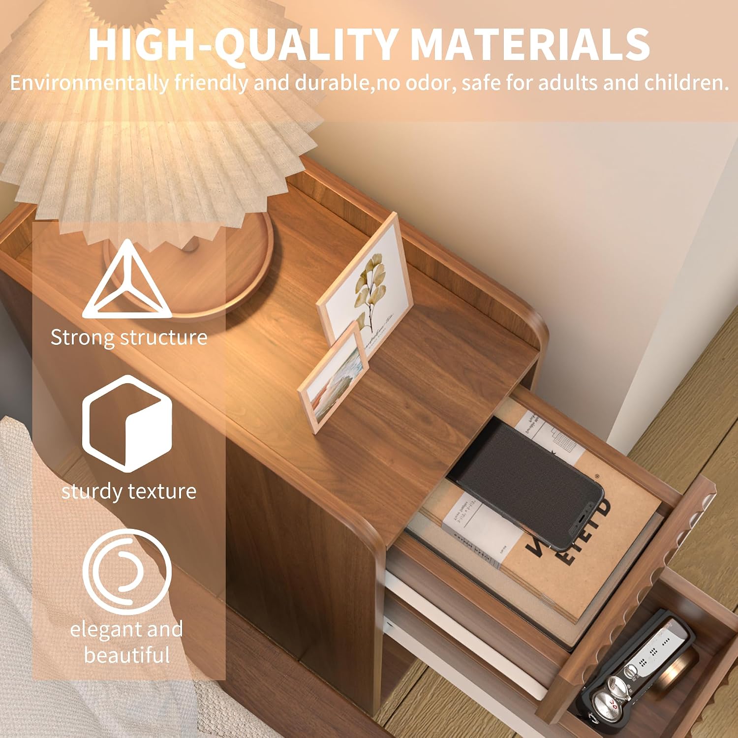 Narrow Fluted Nightstand, Wooden Small 2 Drawer Nightstand, Slim Side End Table, Vintage Bedside Table, Mid Century Modern Night Stand with Drawers, for Bedroom, Walnut, 1 Pc