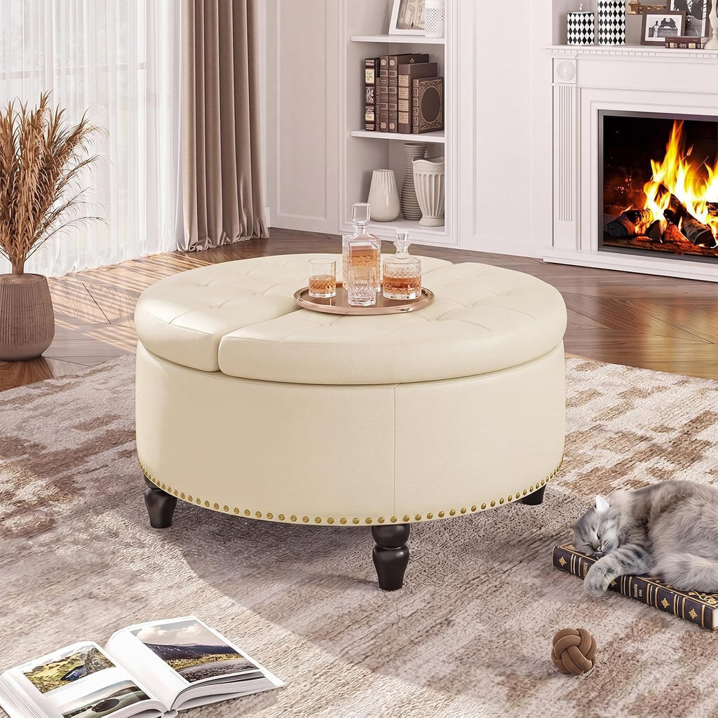 FiveWillowise 30 Inch Large Round Ottoman with Storage, Modern Leather Ottoman Coffee Table with Lift Top, Upholstered Button Tufted Footrest Stool Toy Blanket Storage for Living Room,Cream White
