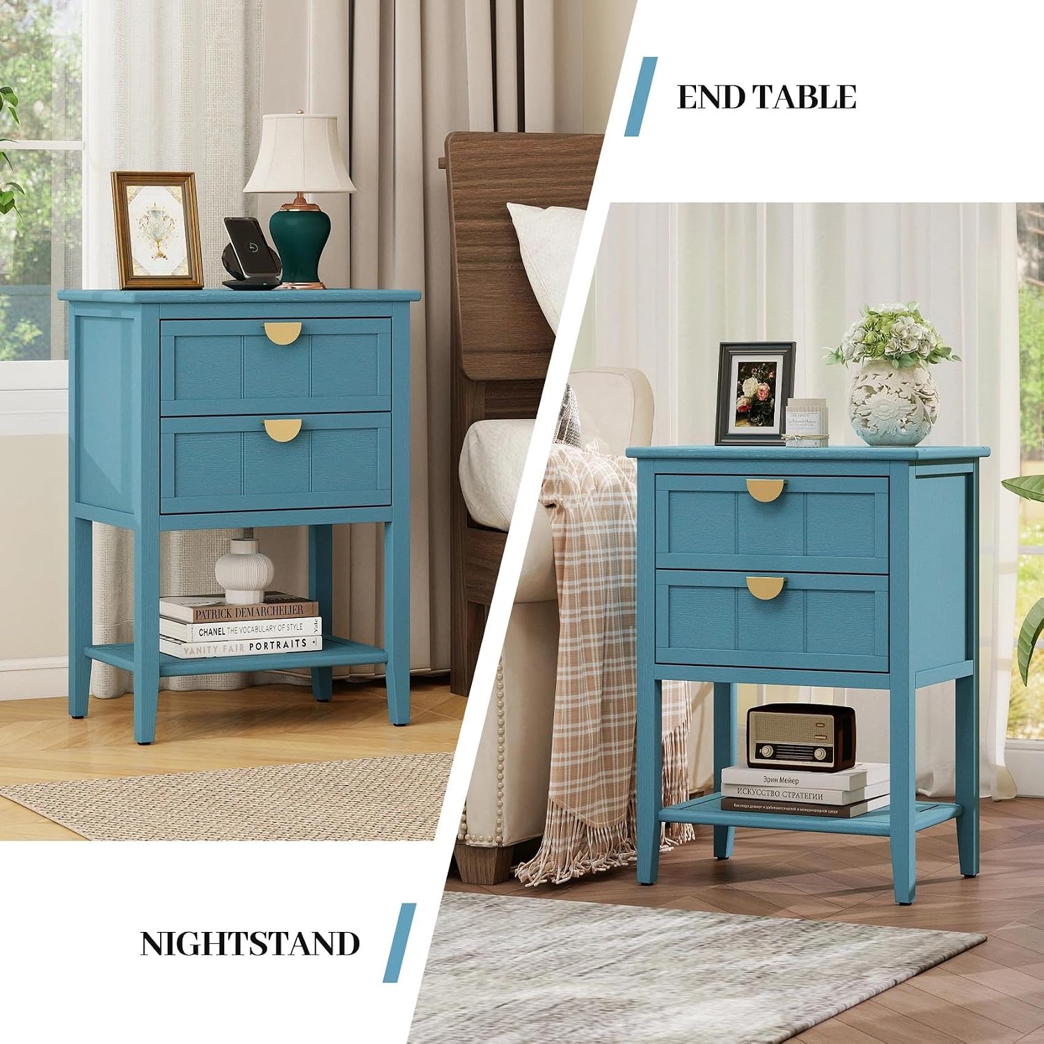 22" Blue Nightstand with 2 Storage Drawers Bedside Table with Open Shelf Modern Wood End Table for Bedroom Room Gold Handles