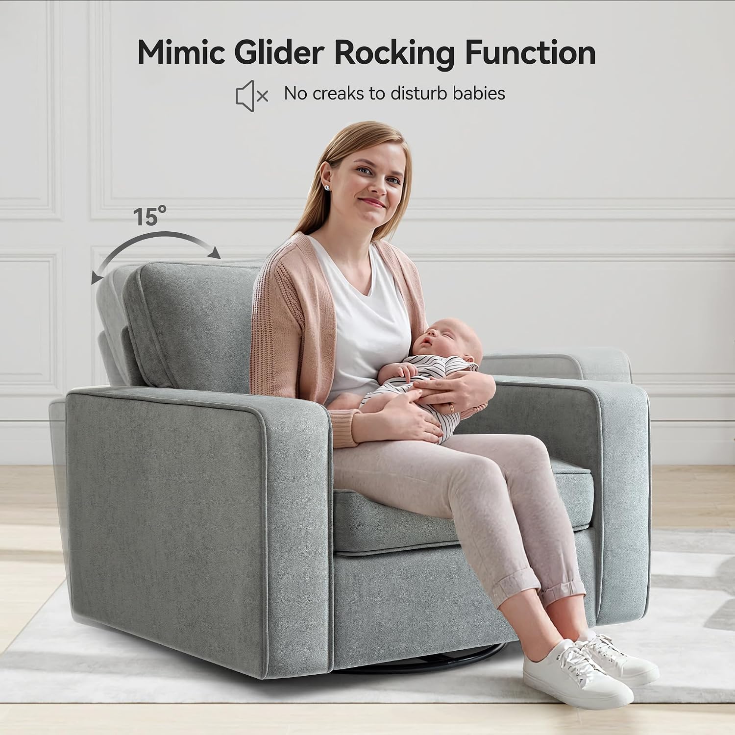 36.2" Wide Swivel Accent Chair - 360° Rotation Upholstered Modern Design Comfortable Cushioned Seating, Pillowback Glider Rocking Chair for Living Room, Bedroom, Nursery and Reading Nook, Gray