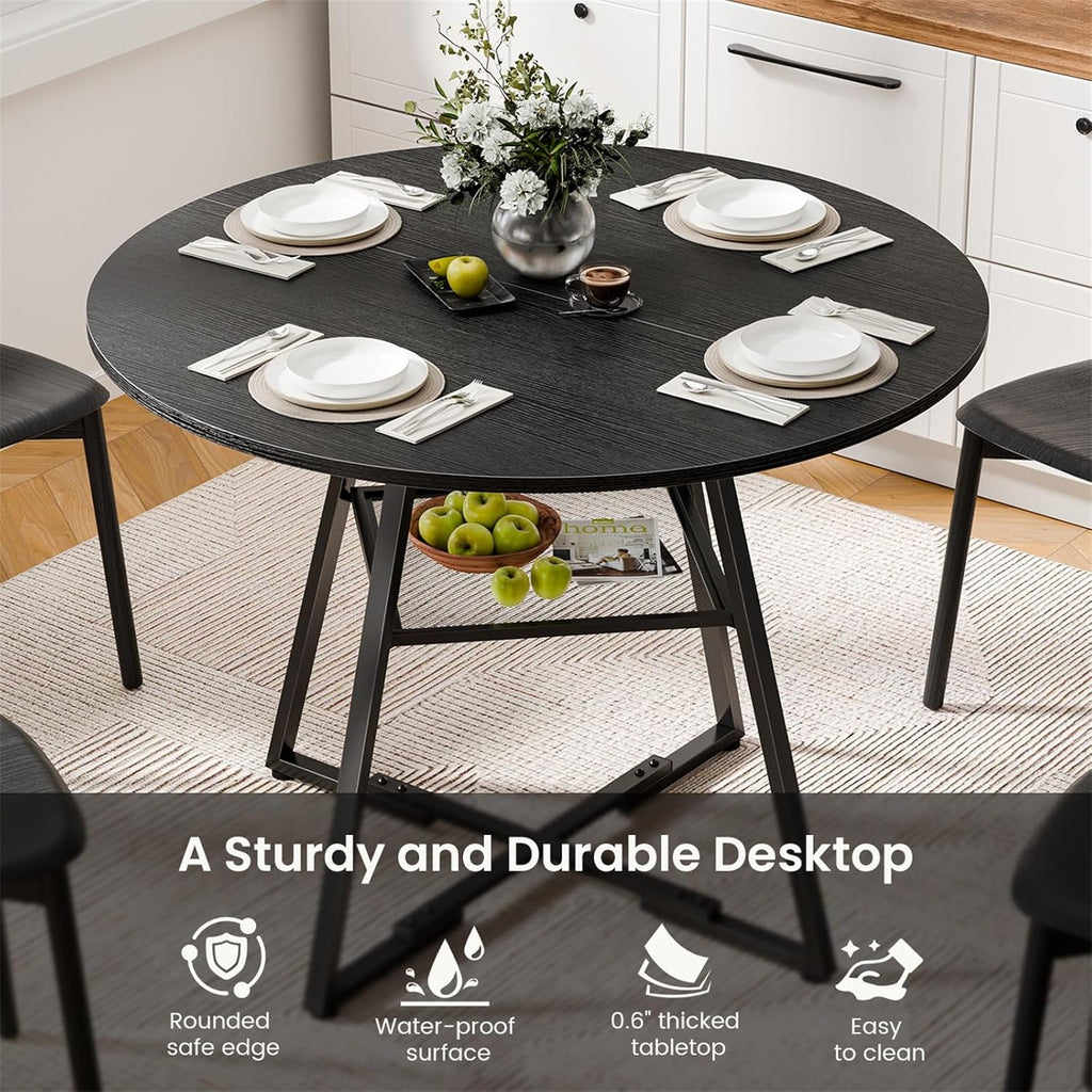 DUMOS 42" Round Dining Table for 4-6, Space Saving Kitchen Table with Dual-Tier Storage, Pedestal Metal Frame, Industrial Farmhouse Circle Dinner Table for Apartment, Black