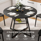 DUMOS 42" Round Dining Table for 4-6, Space Saving Kitchen Table with Dual-Tier Storage, Pedestal Metal Frame, Industrial Farmhouse Circle Dinner Table for Apartment, Black