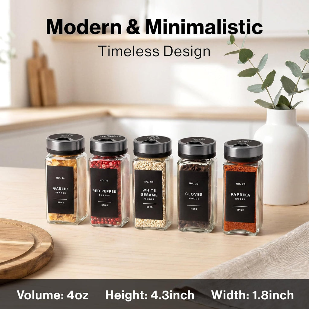 EDELHAUS Glass Spice Jars with Label and Space Gray Rotating Lids (24 x 4oz) Spice Containers with 240 Labels, Shaker Inserts, Steel Funnel, Empty Square Containers