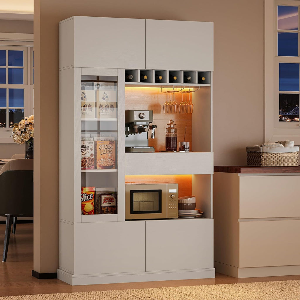iPormis 69" Tall Kitchen Pantry Storage Cabinet with LED Light & Outlet, Kitchen Hutch with Glass Door & Wine Rack & Microwave Stand & Adjustable Shelf, Coffee Bar Hutch with Countertop, White