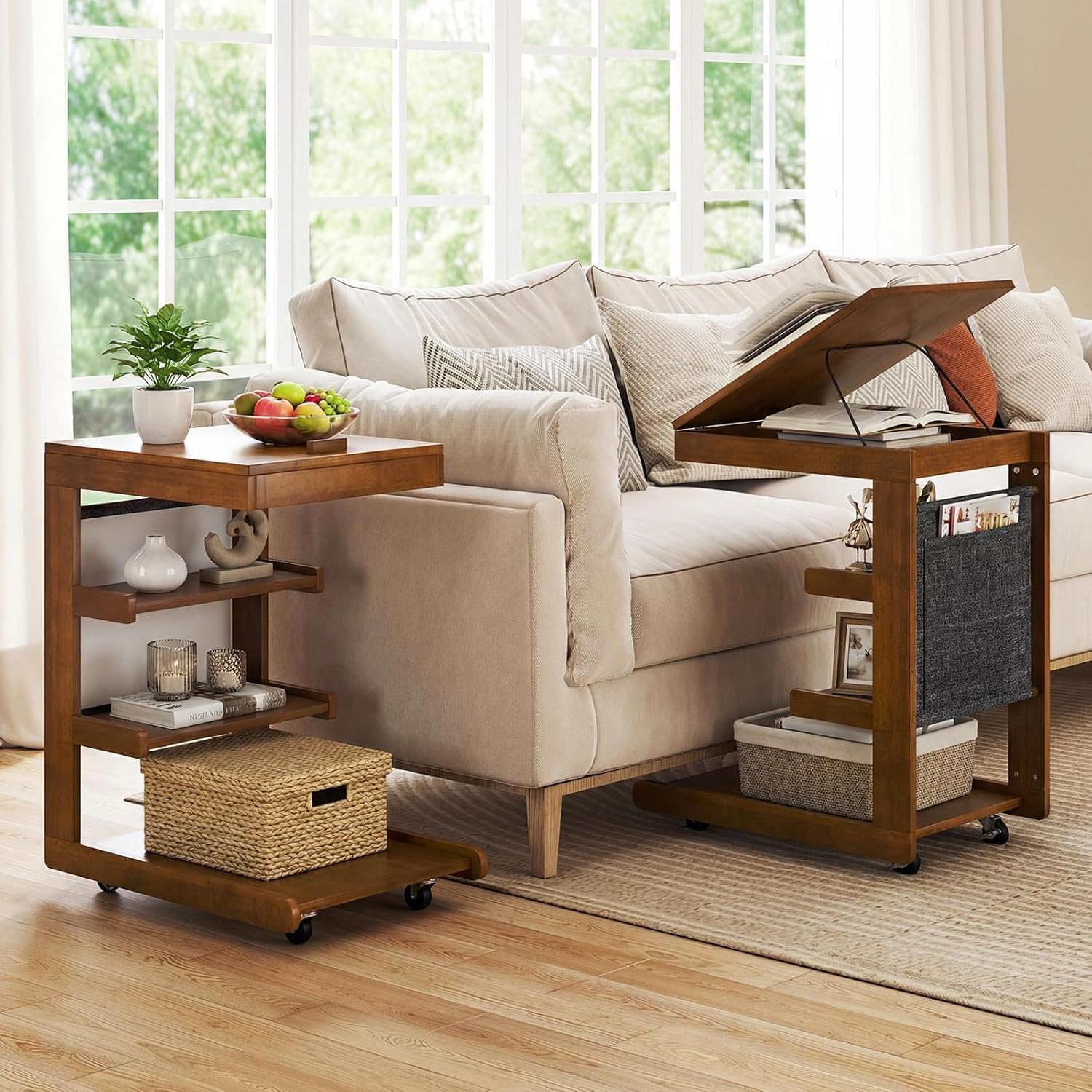 Byroce C Shaped End Table, Rolling Side Table with Adjustable Desktop, 4 Lockable Wheels, Storage Shelves & Edge Stopper, Modern Couch Tray Table for Sofa, TV, Living Room, Bedroom & Office (Brown)