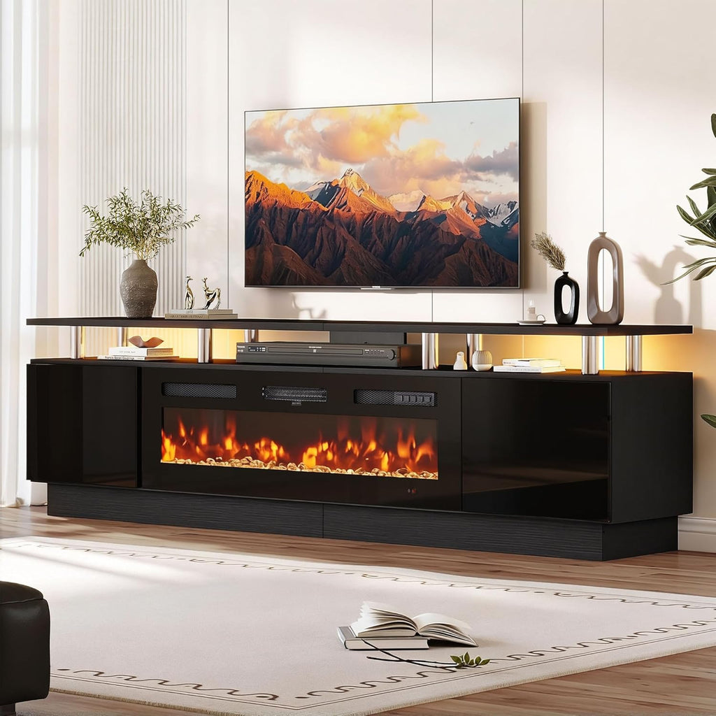 oneinmil 90'' Fireplace TV Stand with 50” Electric Fireplace, 2 Tier TV Console Stand for TVs Up to 100", LED Light Entertainment Center, Fireplace for The Living Room TV Stand, Black