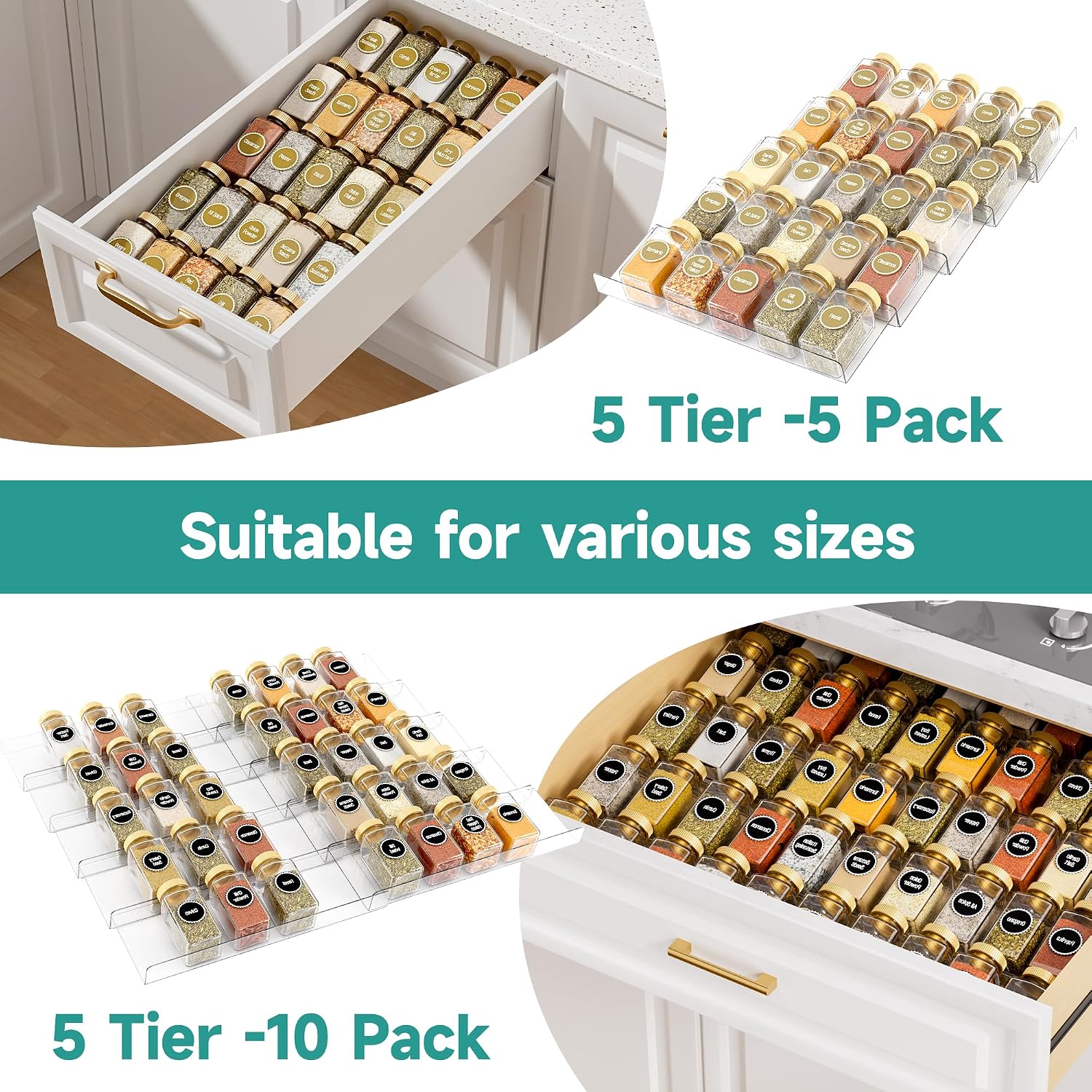 MIUKAA Acrylic Spice Drawer Organizer, 5 Tier - 10 Pack Seasoning Organizer for Drawer, Expandable From 13" to 26" Kitchen Drawer Spice Rack (Jars not Included)