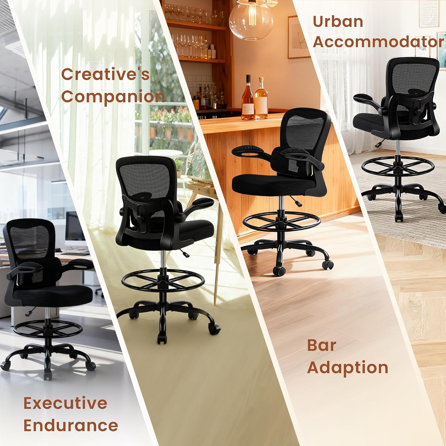 AreShark Drafting Office Chair - Ergonomic Tall Office Chair with Adjustable Footrest Ring - Counter Height Adjustable Rolling Standing Desk Chair with Lumbar Support and Flip-up Armrests for Home