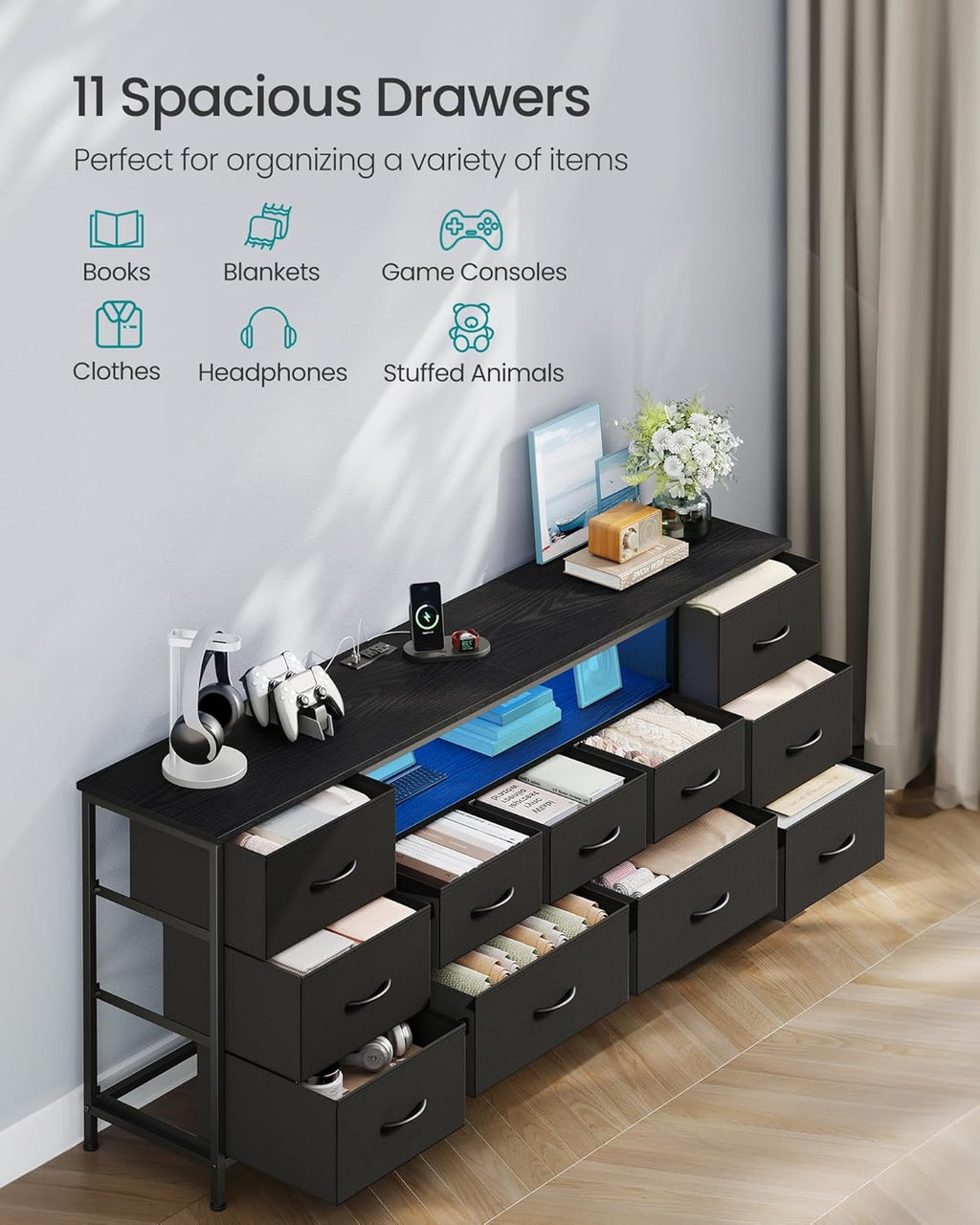 SONGMICS BELLAH Collection - TV Stand for TVs Up to 70 Inches, Dresser for Bedroom, Living Room, Chest of Drawers, Steel, 11 Drawers and Shelf, Modern, Ink Black ULGS043B101S