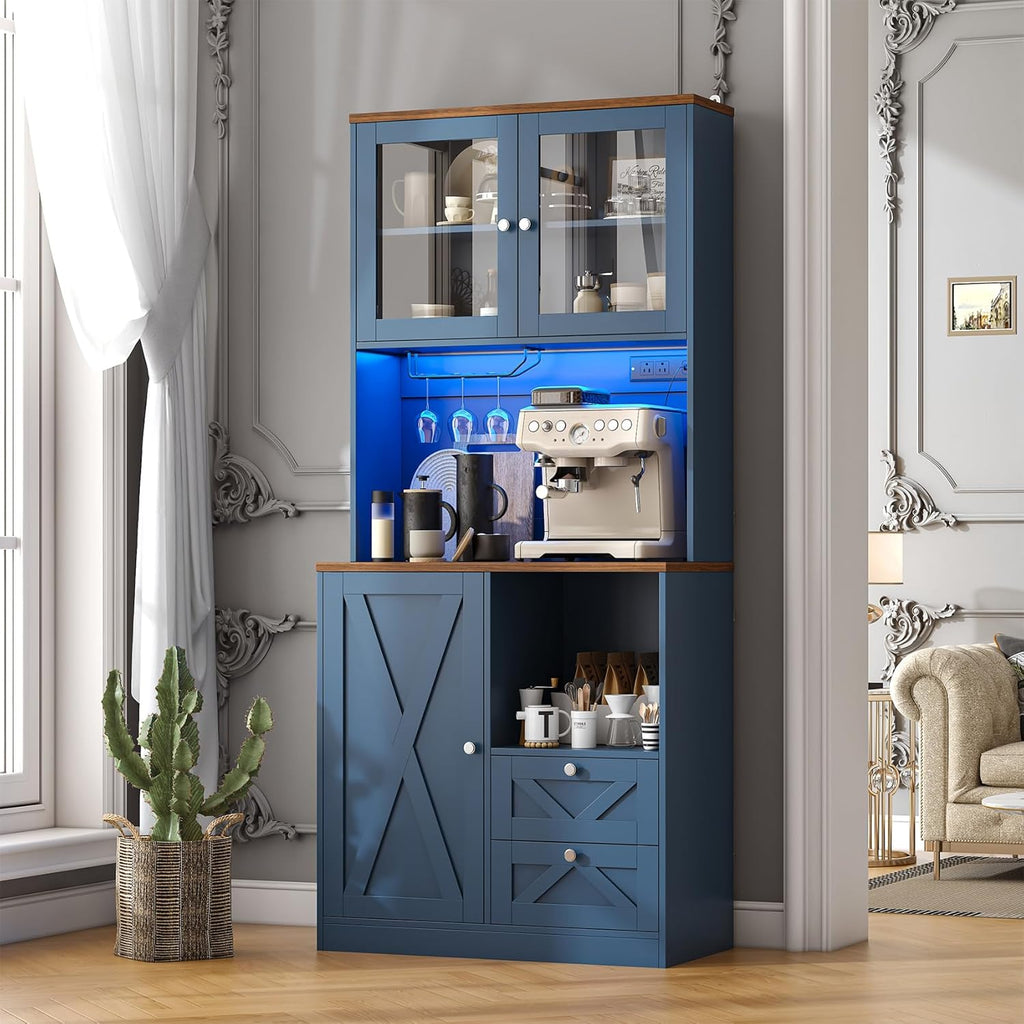 71" Tall Coffee Bar Cabinet with Storage Hutch, Farmhouse Kitchen Pantry Cabinet with LED Lights Microwave Stand and Glass Holder for Home Dining Room Kitchen (Blue)