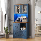 71" Tall Coffee Bar Cabinet with Storage Hutch, Farmhouse Kitchen Pantry Cabinet with LED Lights Microwave Stand and Glass Holder for Home Dining Room Kitchen (Blue)