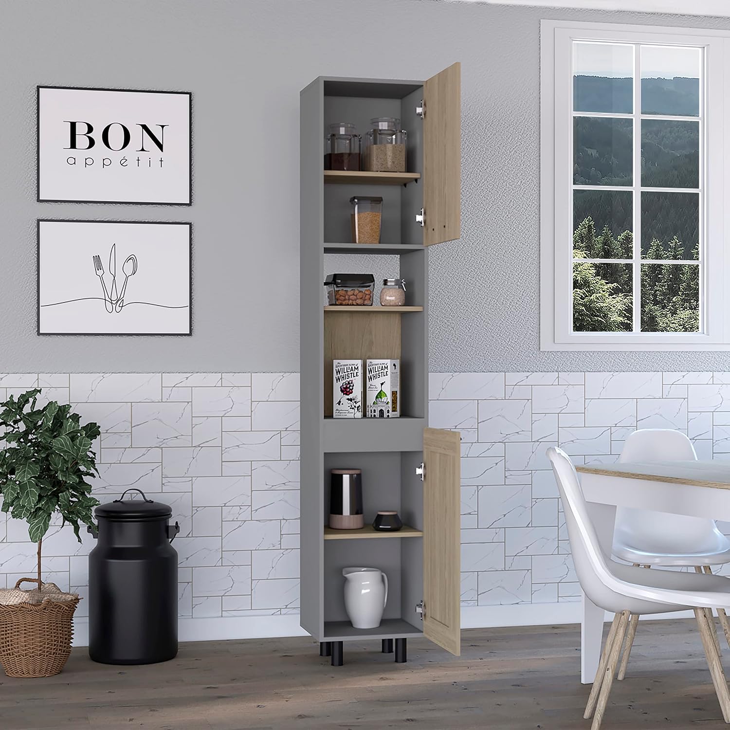 82" Tall Kitchen Pantry, Six Shelves, Double Doors, Light Pine - Home Storage Organizer