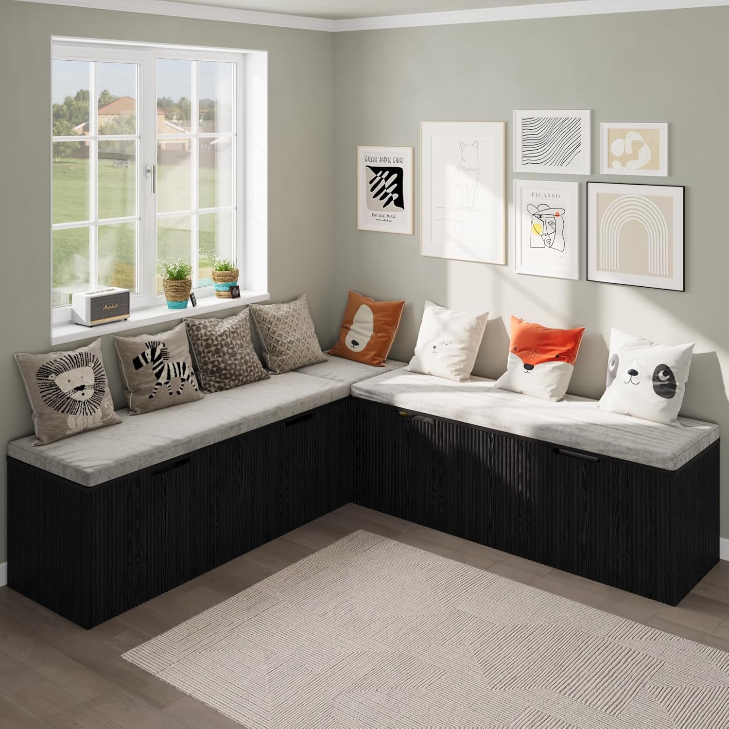 Bobve L-Shape Storage Bench with Cushion, Backless Corner Dining Bench, Kitchen Dining Nook Bench with Hidden Storage for Dining Room, Kitchen, Entryway (Black)