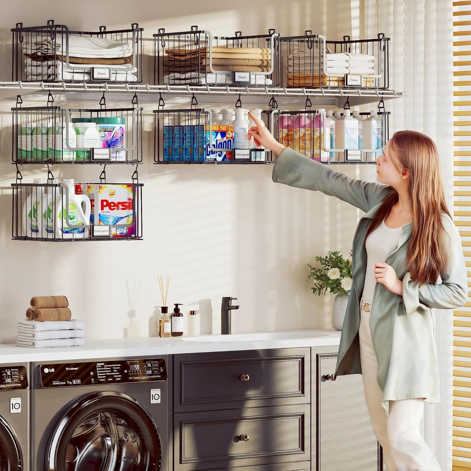 3-Pack Hanging Laundry Organizer, Stackable Wire Shelf Storage with Label Cards, Foldable Metal Baskets with 360 Rotating Hooks, Space-Saving for Laundry Room, Closet & Pantry, 11"15" Large, Black