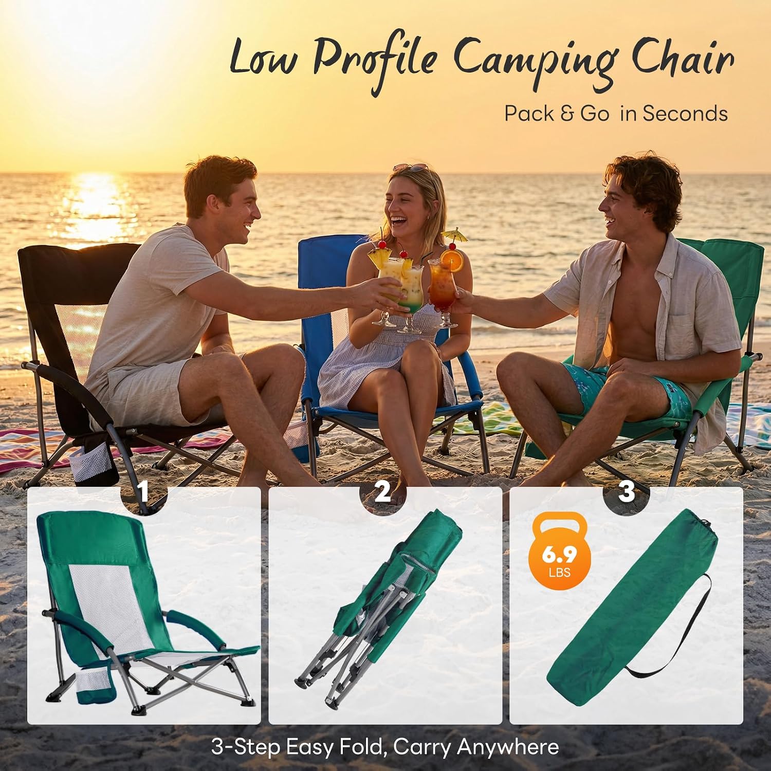 NEWBULIG Low Beach Chair – Folding Camping Chair for Adults, Low Profile Lawn Chair with Cup Holders & Carry Bag, Extra Wide Seat and High Back, Portable for Beach, Outdoors, Travel & Concerts, Blue