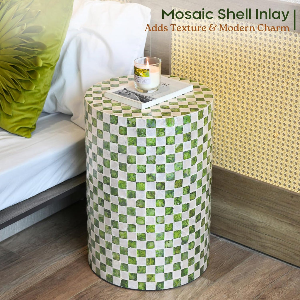 Chi An Home 19.3” Checkered Capiz Shells Drum End Table, Decorative Cylinder Side Table & Garden Stool, Round Pedestal Accent Table for Living Room, Bedroom, Indoor & Outdoor (Pistachio Green)